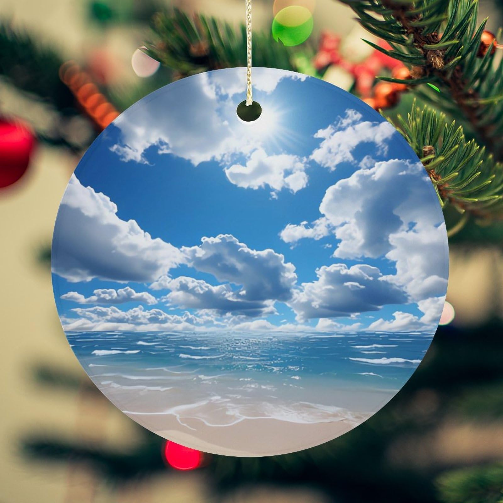 Ocean and White Cloud Christmas Ornament for Christmas Tree Ceramic Round Ornament Winter Holiday Keepsake Gift 2.7" Christmas Tree Hanging Decorations Circle Ceramic Pendant Xmas Gift