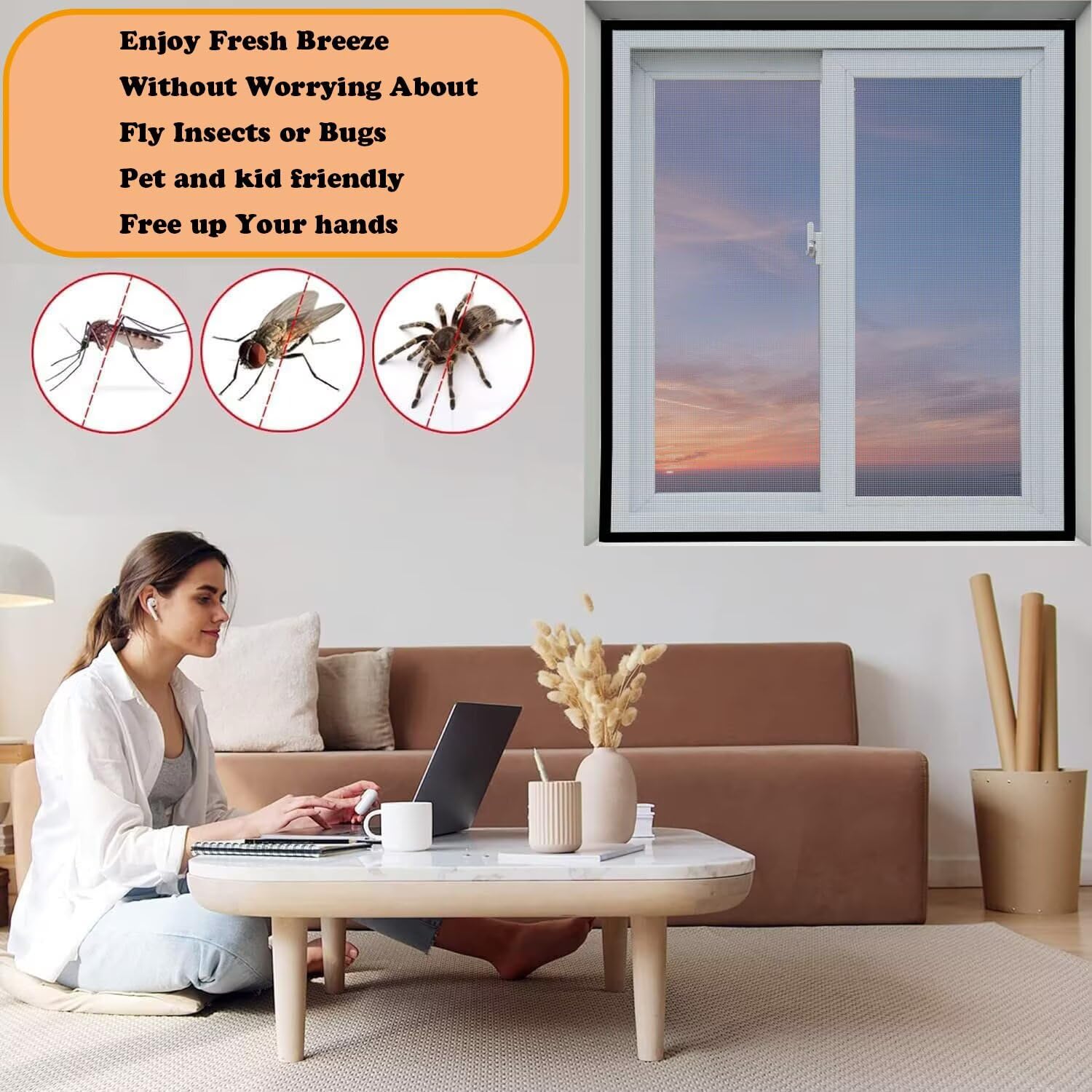 Fliegengitter Fenster 190x195cm Insektenschutz Klettband Fliegengitter Fenster mit Klettband,Einfache Installation für Alle Fenster,Schwarz