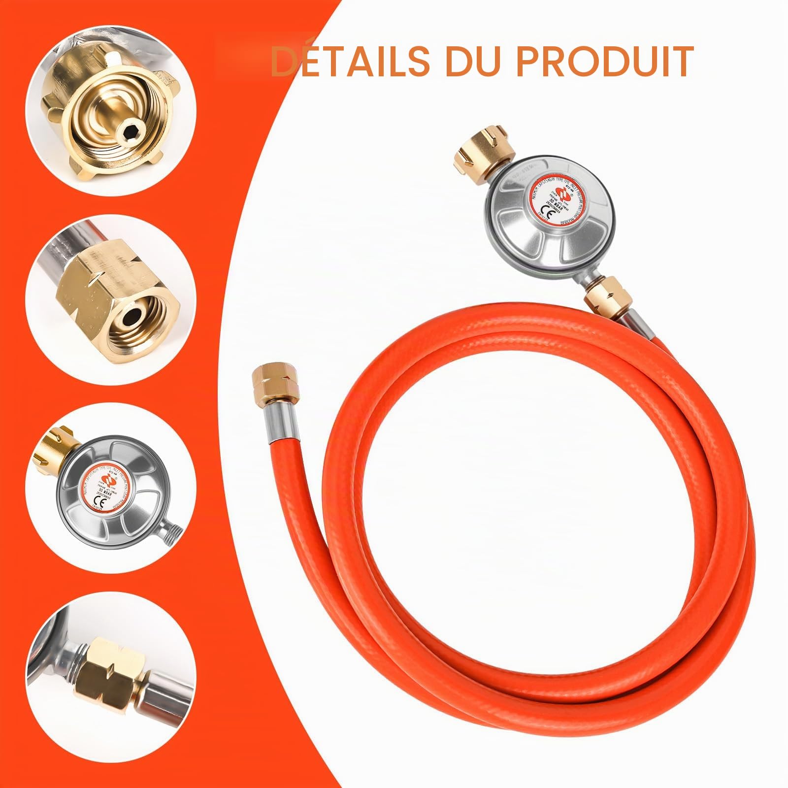 Régulateur de pression de gaz 50 mbar, tuyau de gaz de 150 cm, filetage extérieur 1/4" -19 LH, régulateur de pression de gaz à basse pression pour barbecues pour camping, pique-niques