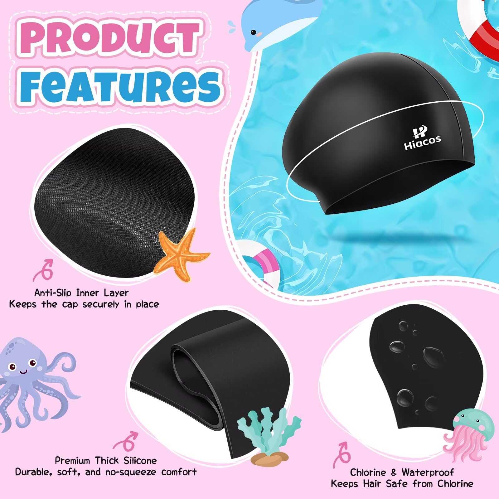 Paquete de 2 gorros de natación para niñas y niños, gorro de natación de silicona de 2 tamaños para niños y adolescentes, sombreros de natación impermeables para cabello largo para mantener el cabello