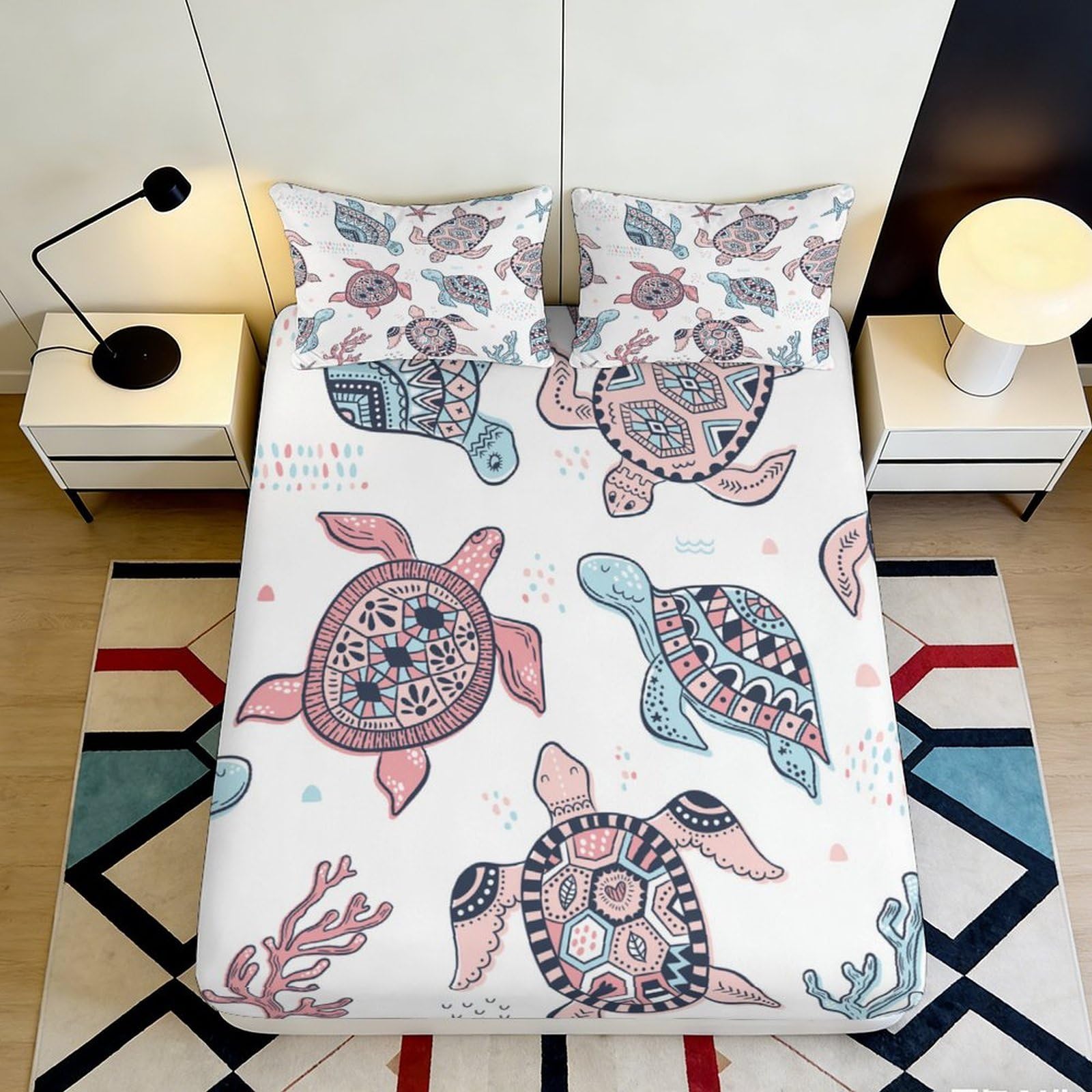 Dhbaneiok Style-5 3D Printed Cartoon Sea Turtle Fitted Sheet Microfiber Soft Breathable Geometric Ocean Bed Cover For Bedroom Dorm Decor 90X200x25cm
