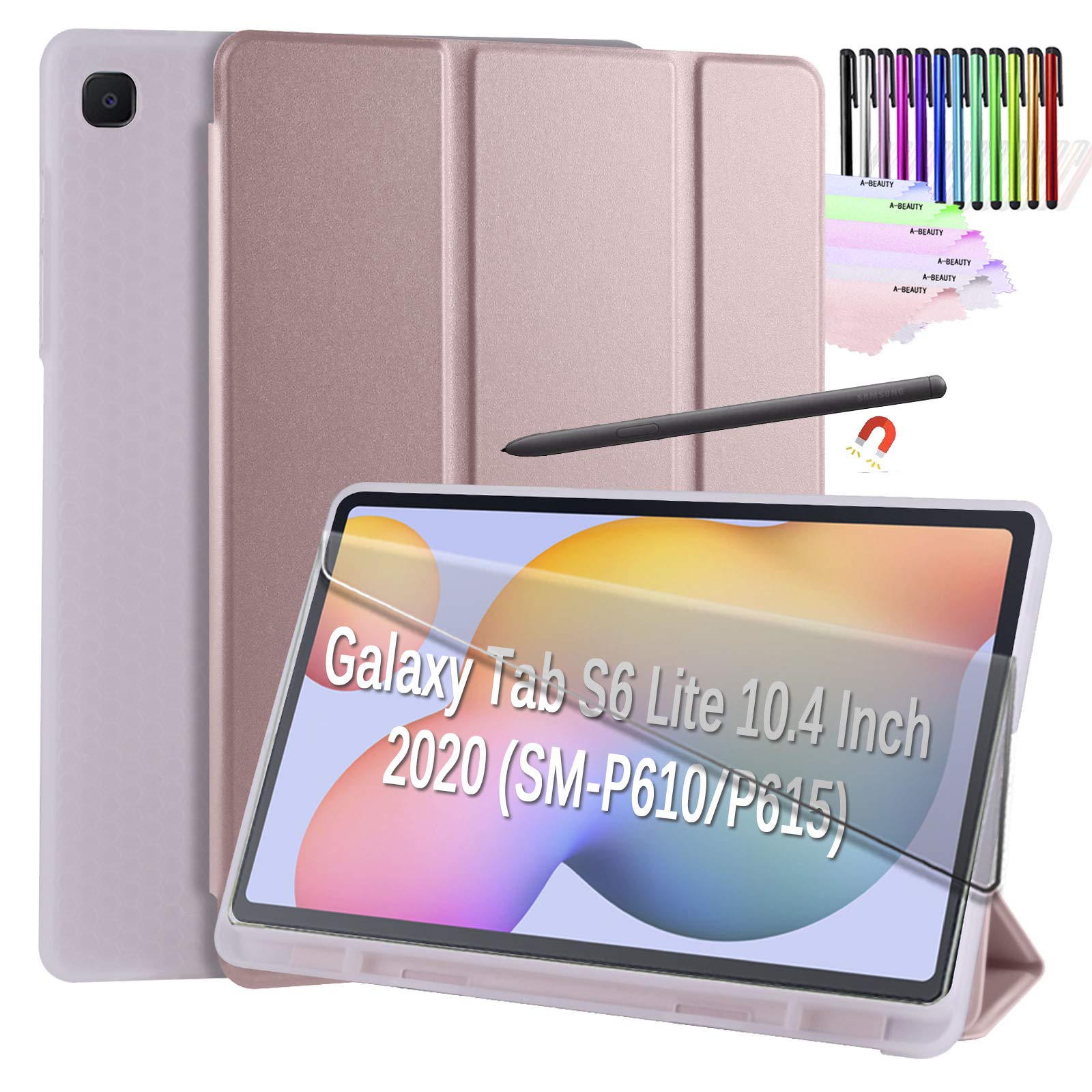 Case for Samsung Galaxy Tab S6 Lite 10.4 Inch 2020 (Model SM-P610/P615), with [Auto Sleep/Wake] [S Pen Holder] Soft TPU Translucent Trifold Case, Rose Gold