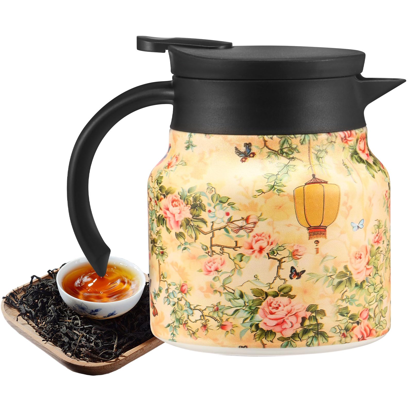 Vintage Floral Teapot, 1L Stainless Steel Thermal Tea Pot Coffee Jug with Built in Infuser and Wooden Handle for Hot Drinks, Insulated Coffee Carafe for Home Kitchen Office Daily Needs