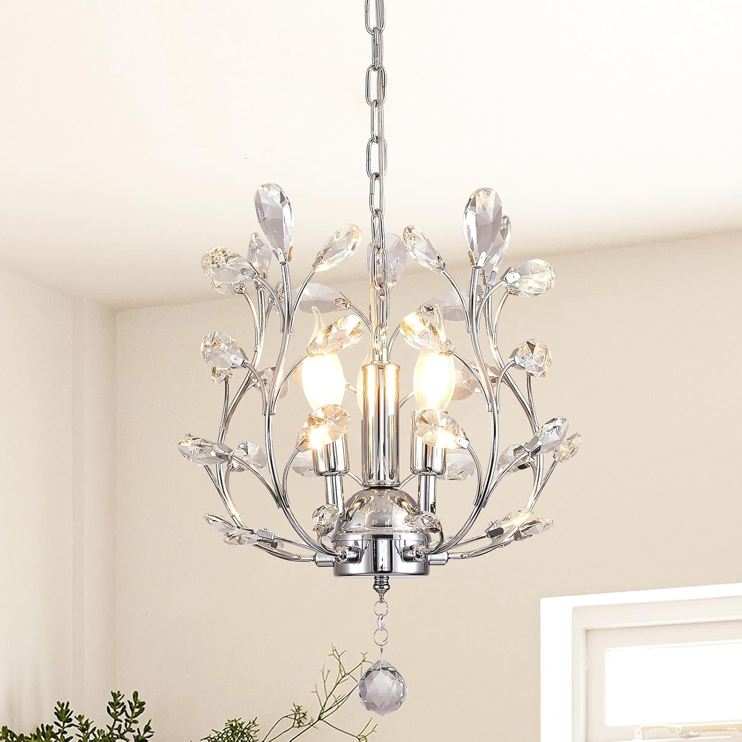 Ganeed 3-Light Branch Crystal Chandelier, Small Flush Mount Vintage Pendant Hanging Lighting, K9 Crystal Farmhouse Ceiling Light for Dining Room Bedroom Living Room Kitchen Hallway, Chrome Silvery Chrome/3-light