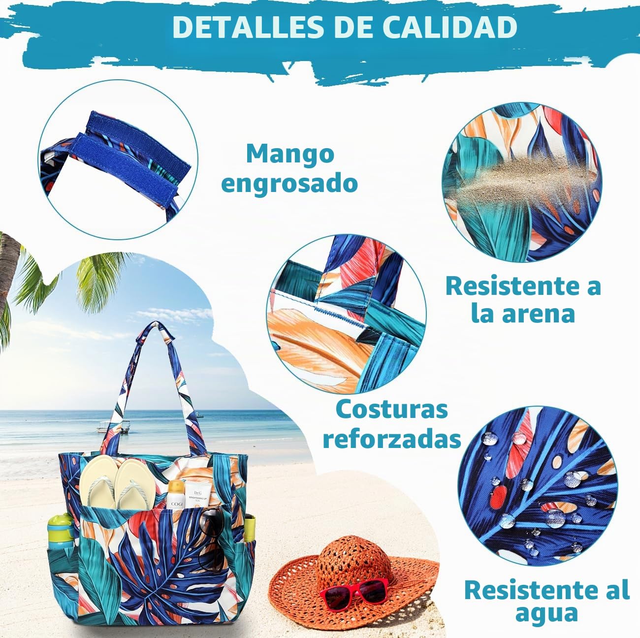 Bolso Playa Mujer, Bolsa Playa Grande XXL Familiar Bolsa de Viaje Impermeable Bolso de Mano Verano Plegable Bolso Shopper Beach Tote Bag para Playa/Viajes/Diario, Hoja Palma