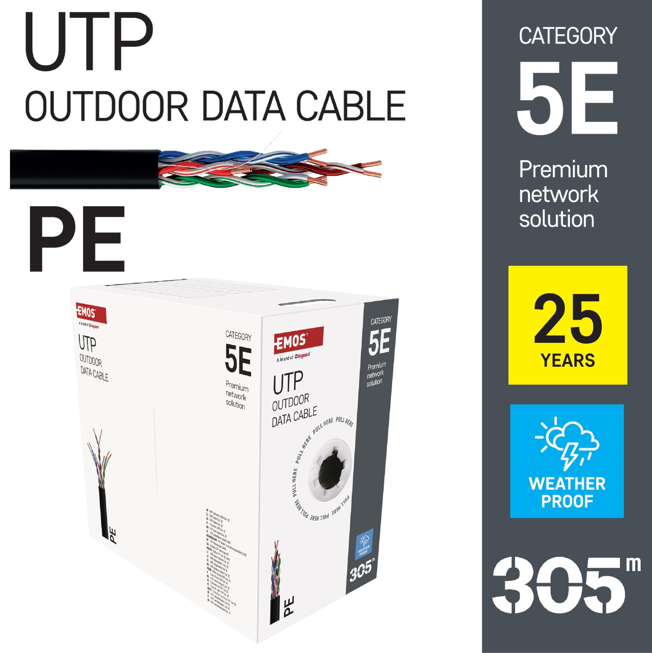 EMOS - Câble réseau UTP CAT 5e, 305 m, PE - Câble patch CAT5e UTP - Câble Gigabit LAN - Câble Ethernet non blindé - Pour l'extérieur