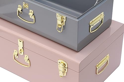 Miniatura 3 de Vixdonos Juego de 2 cajas de almacenamiento decorativas de metal para maletero con agujero de cerradura 237 x 142 x 95 pulgadas gris y rosa