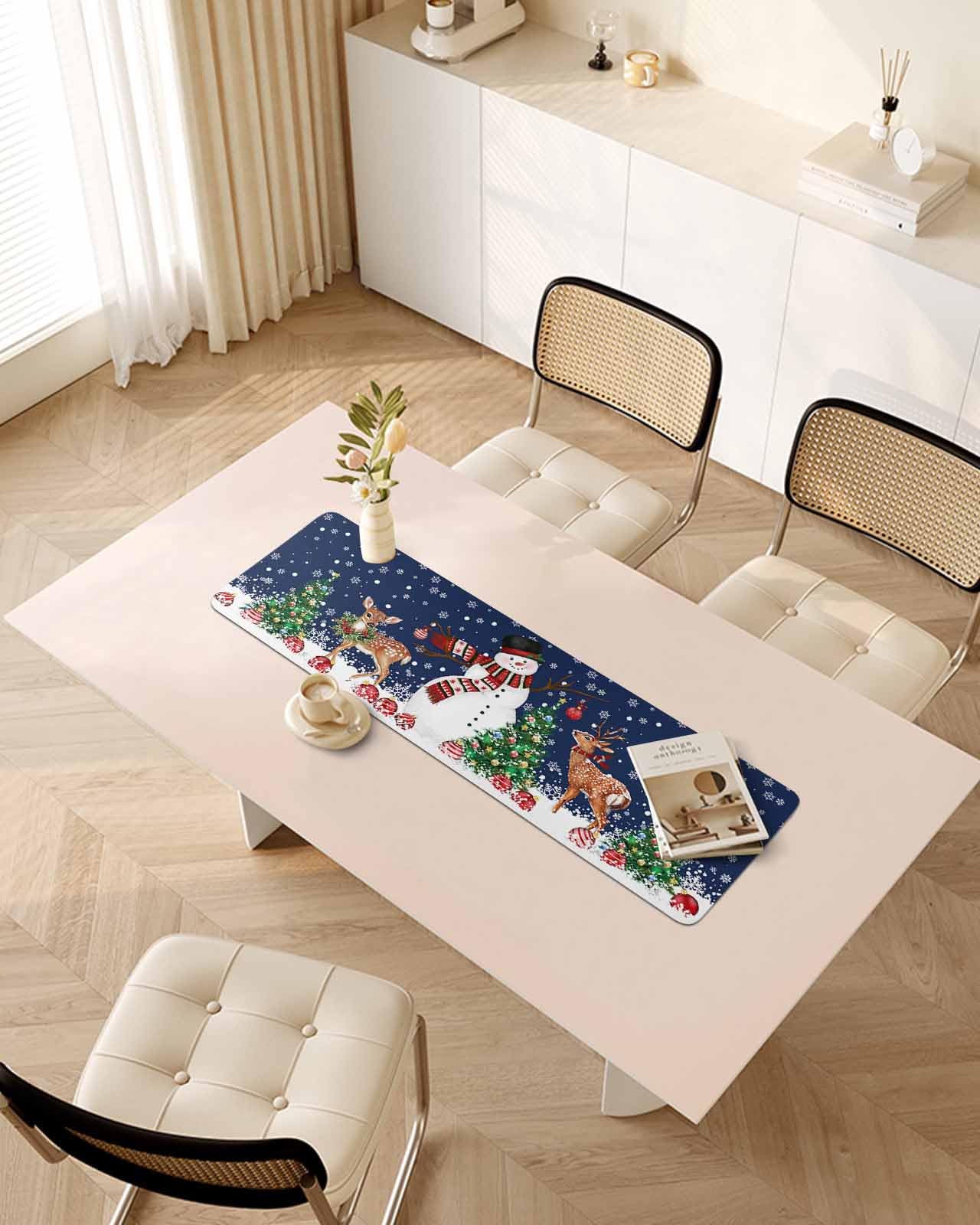 Debedcor Heat Proof Table Pads Waterproof Decorative, Navy Blue Christmas Snowman Non-Slip Table Countertop Protector, Winter Xmas Tree Elk Insulation Mat for Kitchen Room, 40 x 12 Inches