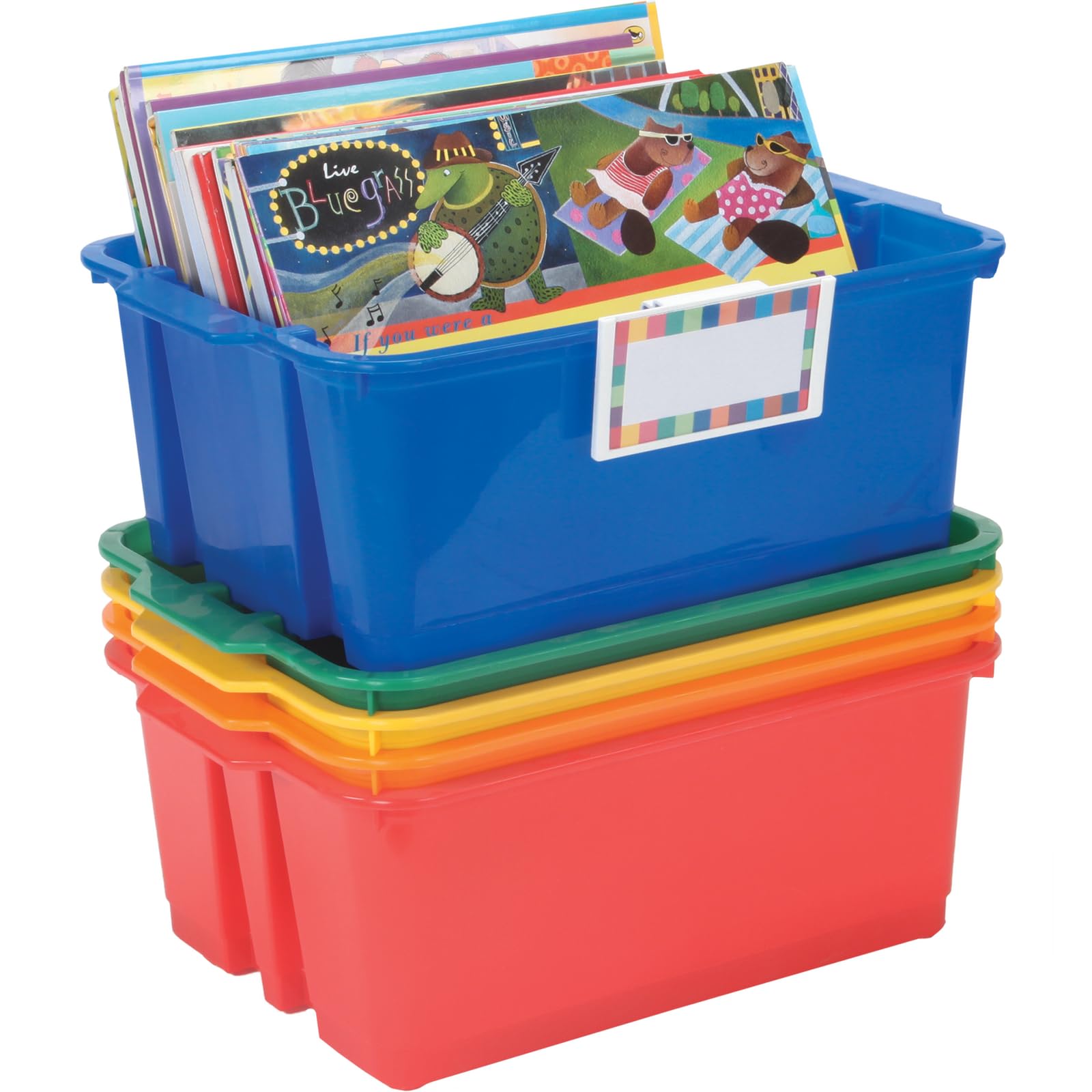 Really Good Stuff Stacking Bins, 14" x 10" x 5 .75" - 5 Pack, Primary, Stackable Storage Plastic Bins for Classroom Organization, Home Storage, Office & Hospital Supplies