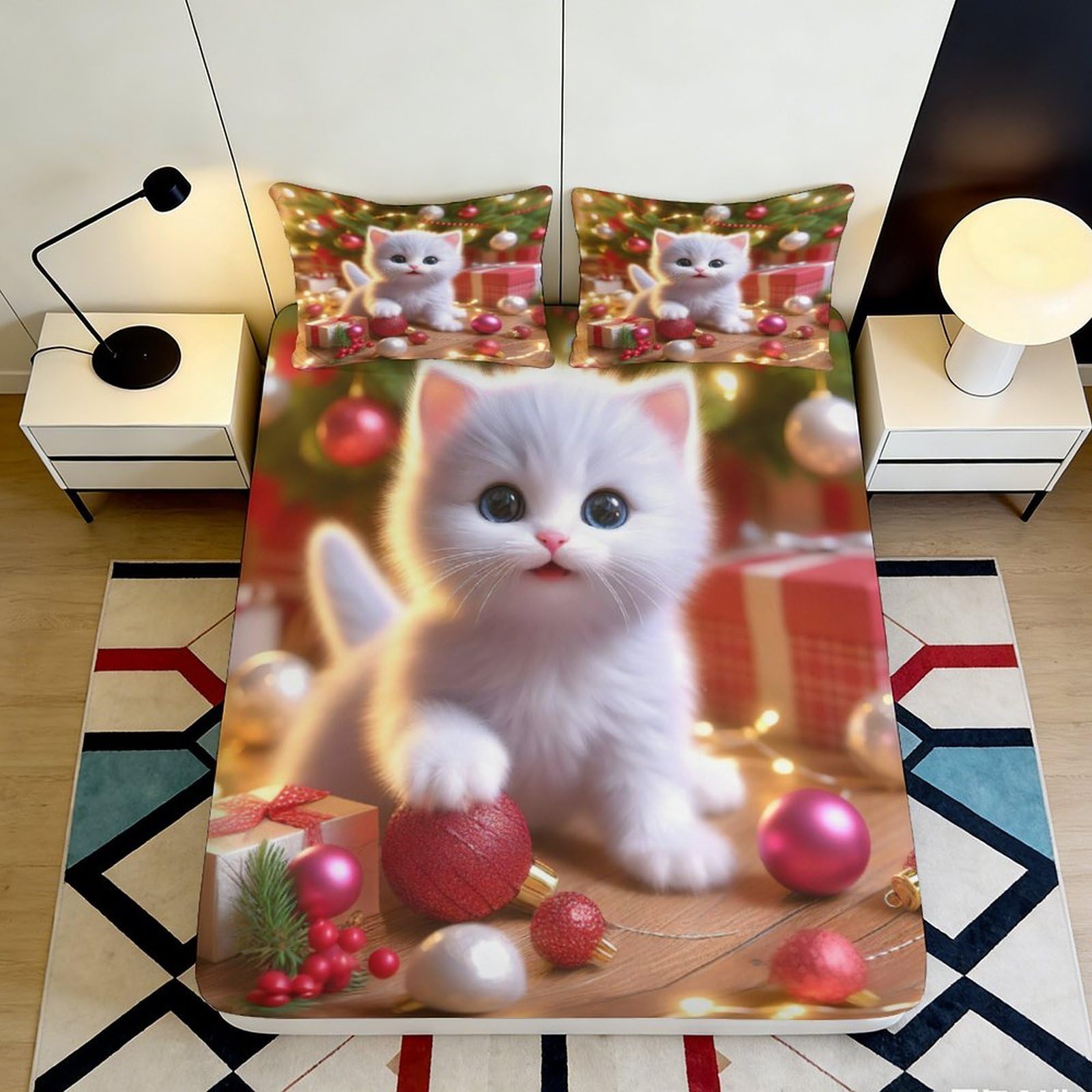 Pnayamiorkfel Style-9 3D Printed Christmas White Kitten Fitted Sheet Microfiber Soft Bed Cover For Bedroom Guest Room Dorm Decor 90X200x25cm