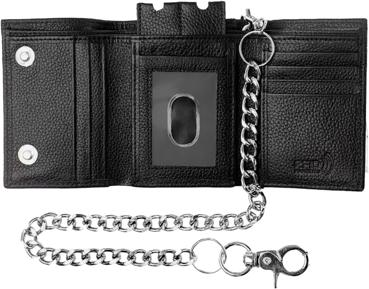 Men’s Trifold Leather Wallet with RFID Blocking – Black Genuine Leather Biker Wallet with Chain, Secure Snap Closure Design in USA New in Box