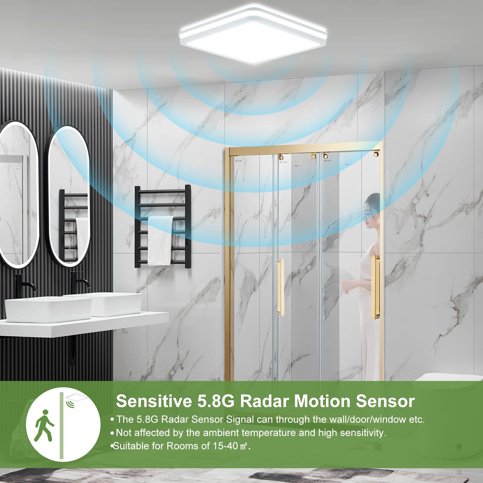 LEZOE Lámpara de techo LED con detector de movimiento IP65 impermeable, 24W/30W 4500lm 150(Lm/W), sensor 3000K/4000K/6500K Ideal para baño, garaje, sótano, pasillo, balcón, entrada 26*26*6cm Blanco