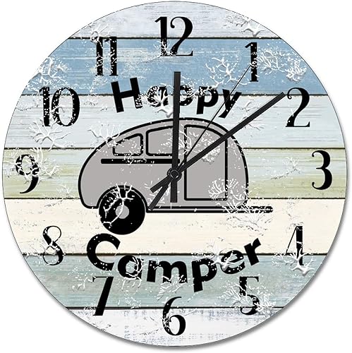 ArogGeld Happy Camper - Reloj de pared redondo para campamento de verano, funciona con pilas, 15 pulgadas, silencioso, sin tictac, para viajes, para