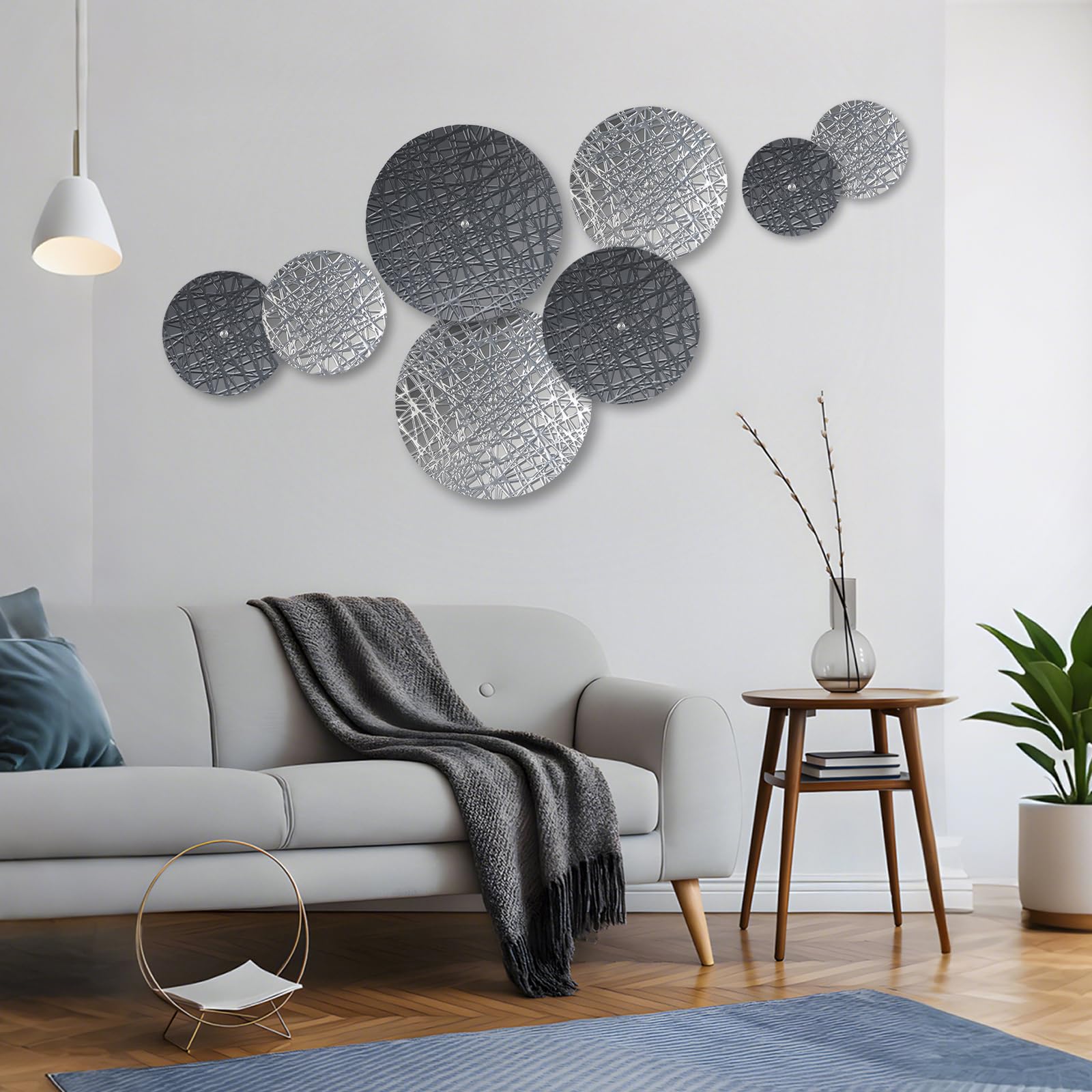 DETENE pared redonda metal Decoración,pared boho Metal redondo | 8 piezas con 4 tamaños, plateado y azul, esculturas colgantes modernas para salón, oficina, apartamento, baño