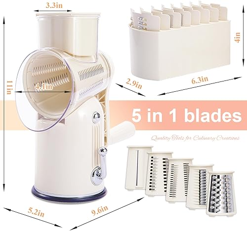 Miniatura 2 de Rallador de queso giratorio manual con asa, triturador de queso de cuchillas inoxidables reemplazables 5 en 1, base de succión fuerte, cortador de