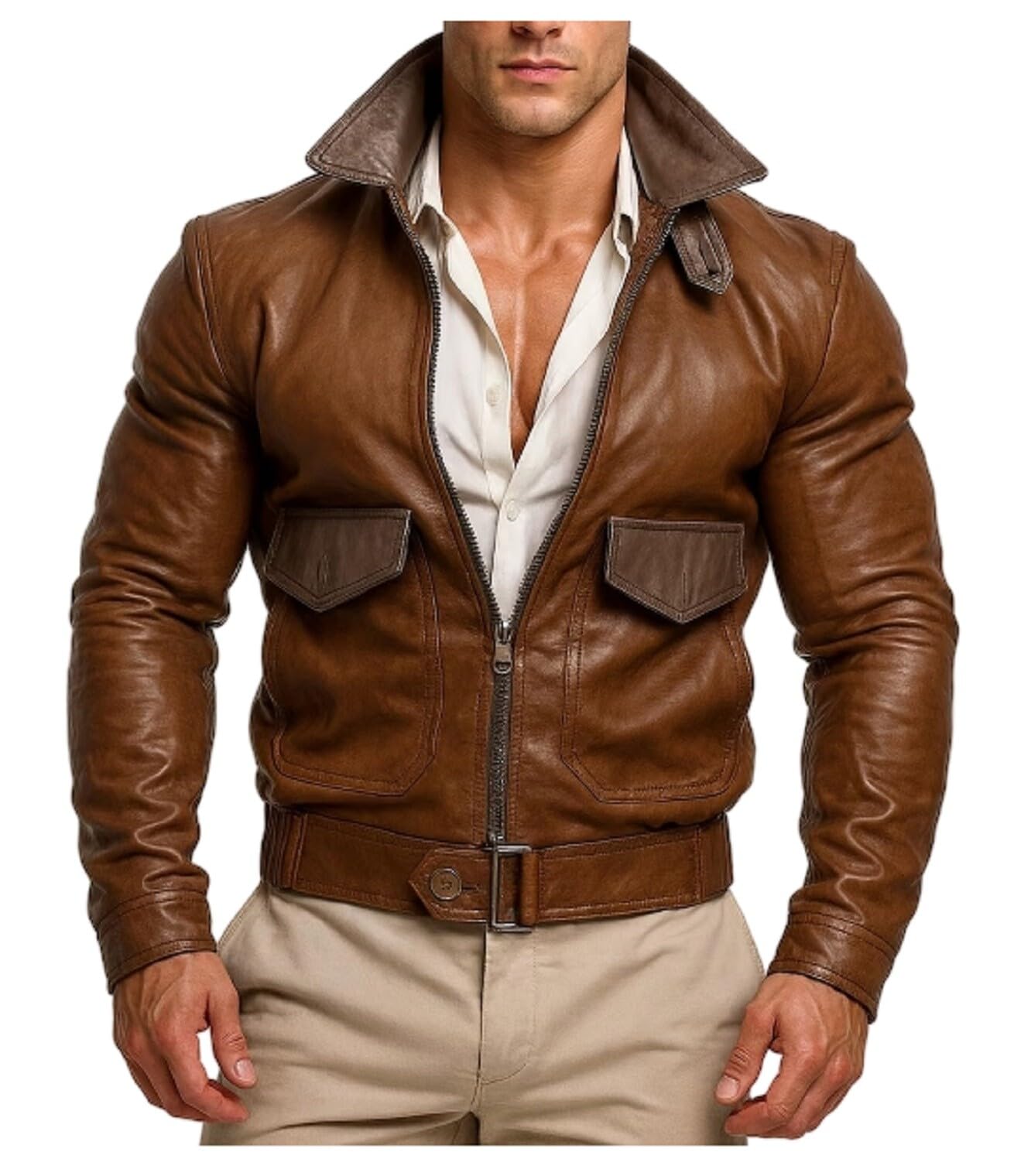 Chaqueta clásica de cuero para hombre con cintura con cinturón y bolsillos con solapa de contraste