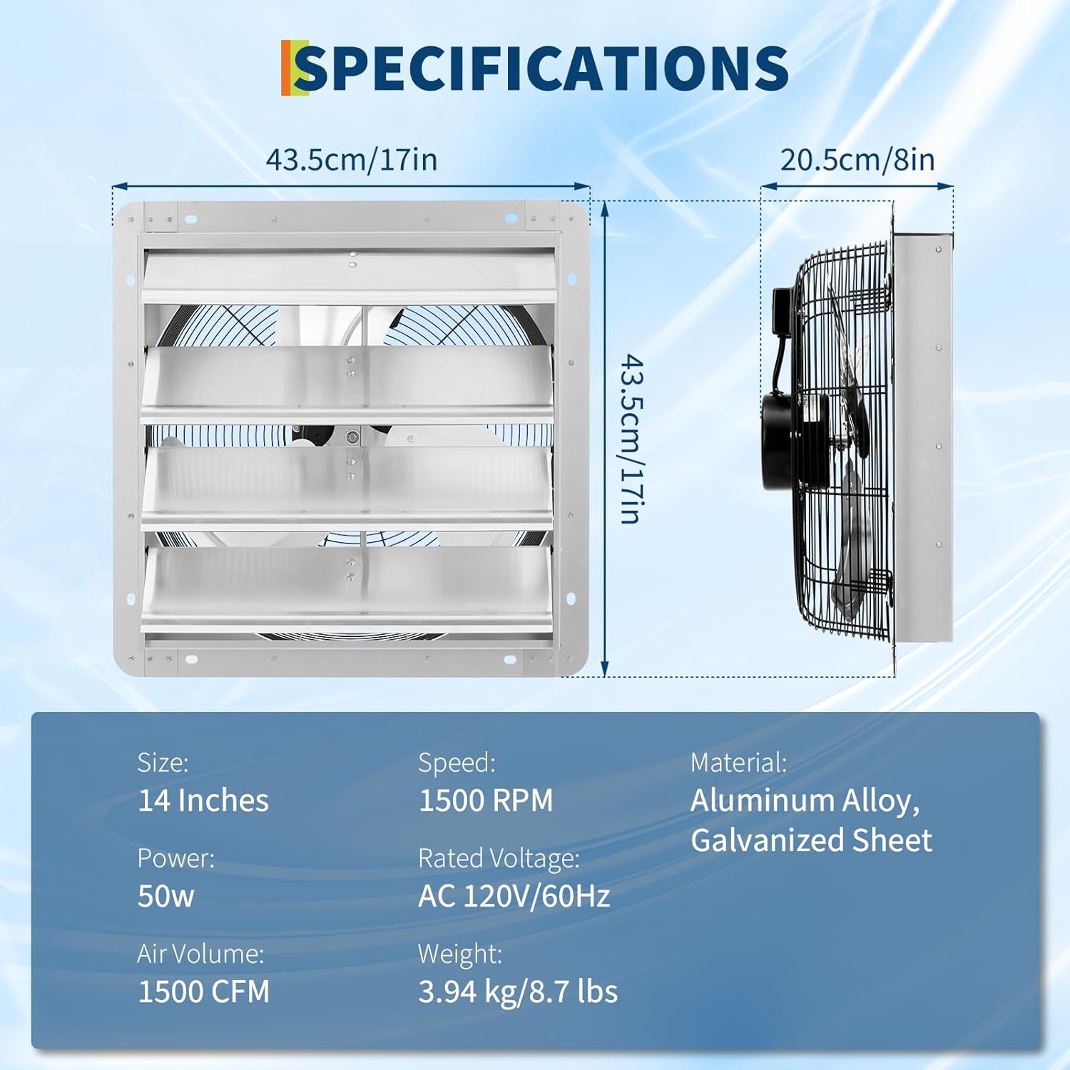 14 Inch Wall Mounted Shutter Exhaust Fan, 1500 CFM High Speed Ventilation with Auto Shutters for Attic, Garage, Greenhouse & Shed - Image 2