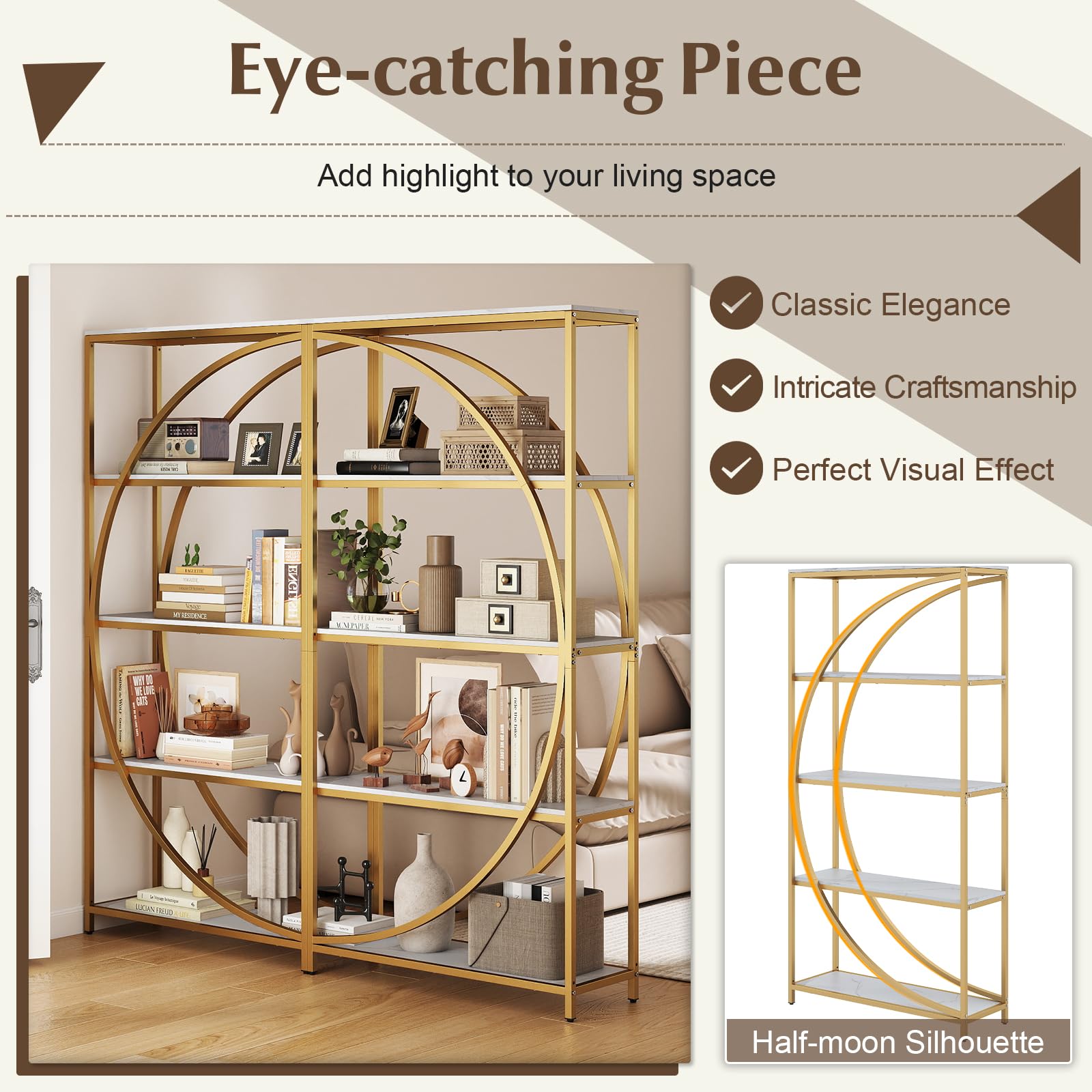 GIANTEX 5-stöckiges Bücherregal, freistehendes Lagerregal mit 5 offenen Ablagen, ndustrielles Ausstellungsregal mit Halbmond-Design für Zuhause und Büro, 86 x 30 x 175 cm (Weiß)