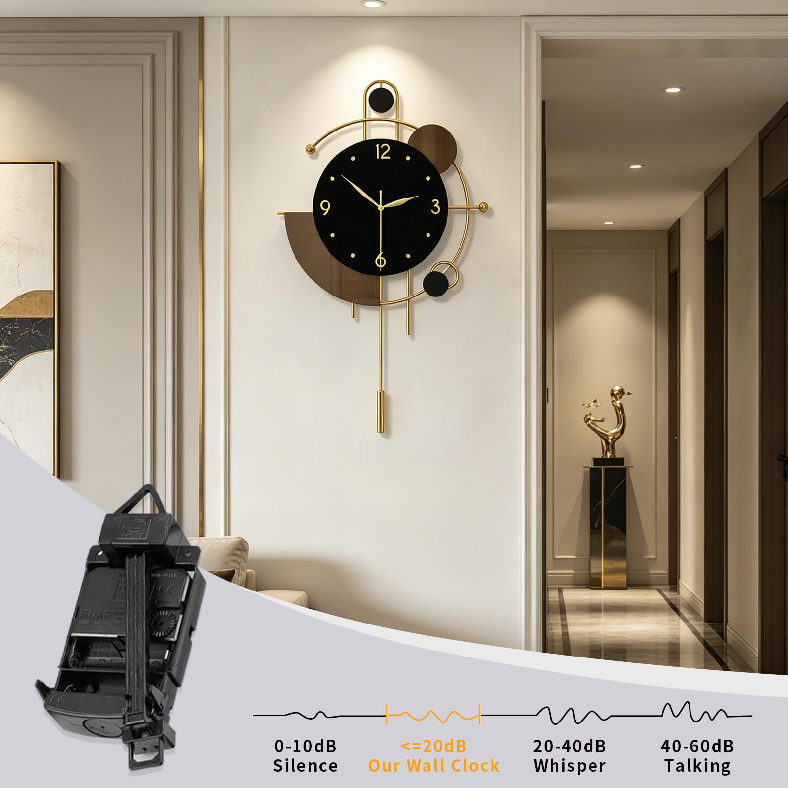Moderne Wanduhr für Wohnzimmer, Dekoration, große, dekorative goldene Metall-Wanduhr mit Pendel, leise, Qualität, Quarz, große Uhr, batteriebetrieben, nicht tickend, für Küche, Büro