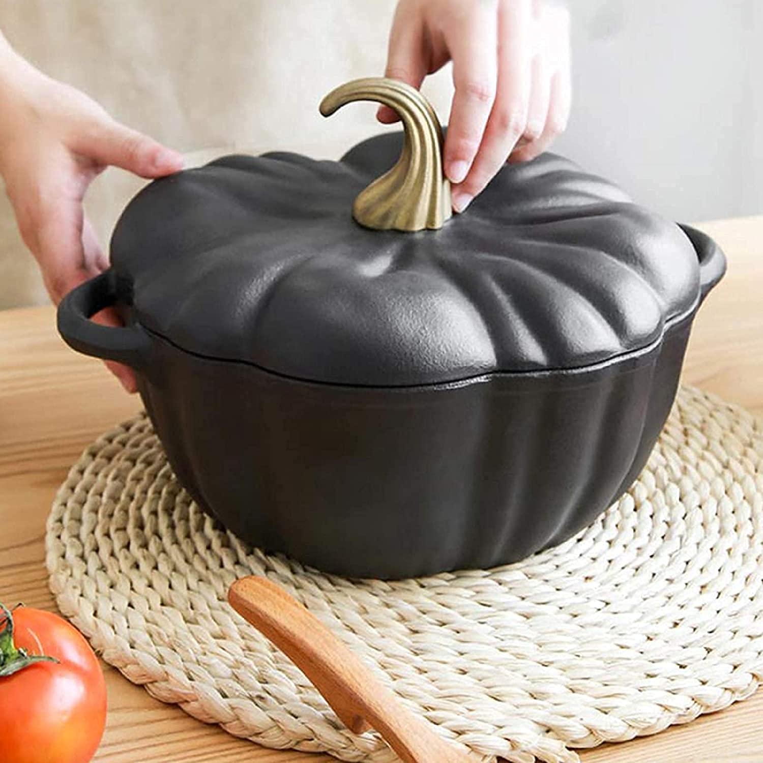 Cocotte à citrouille en fonte émaillée avec couvercle anti-adhésif pour ragoût, soupe et bouillon de citrouille, parfaite pour la cuisson et le service