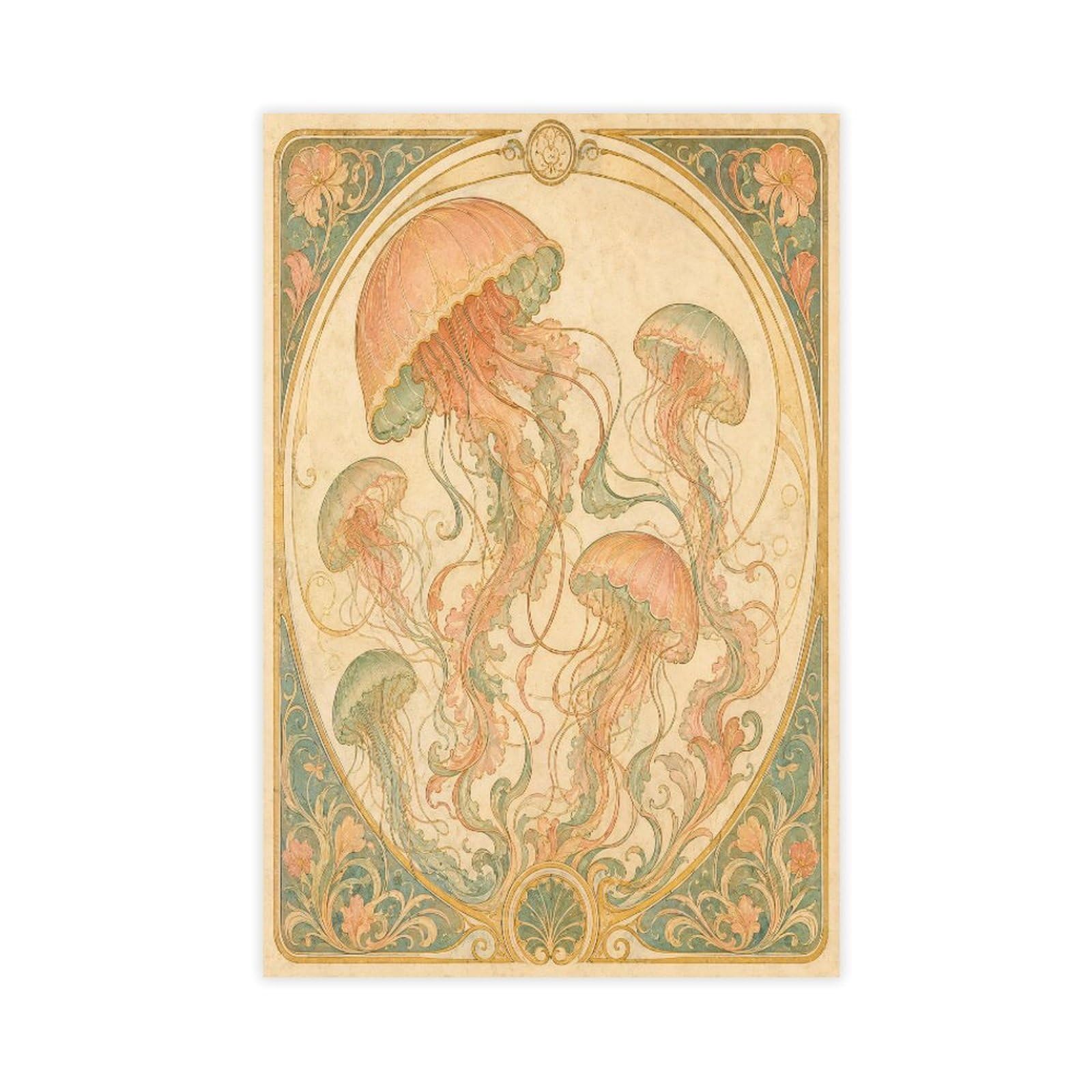 W7c8u2x3 Unframe-Style-17 Pink Jellyfish Canvas Wall Art, Botanical Linework Art Nouveau