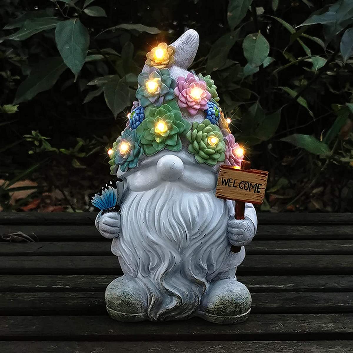 Estatuas De Resina De Gnomos De Jardín, Figura Esculturas De Gnomo De Jardín con 10 Luces LED Solares para Decoración De Césped De Patio Regalo De Adorno, 4.5 X 5.5 X 9