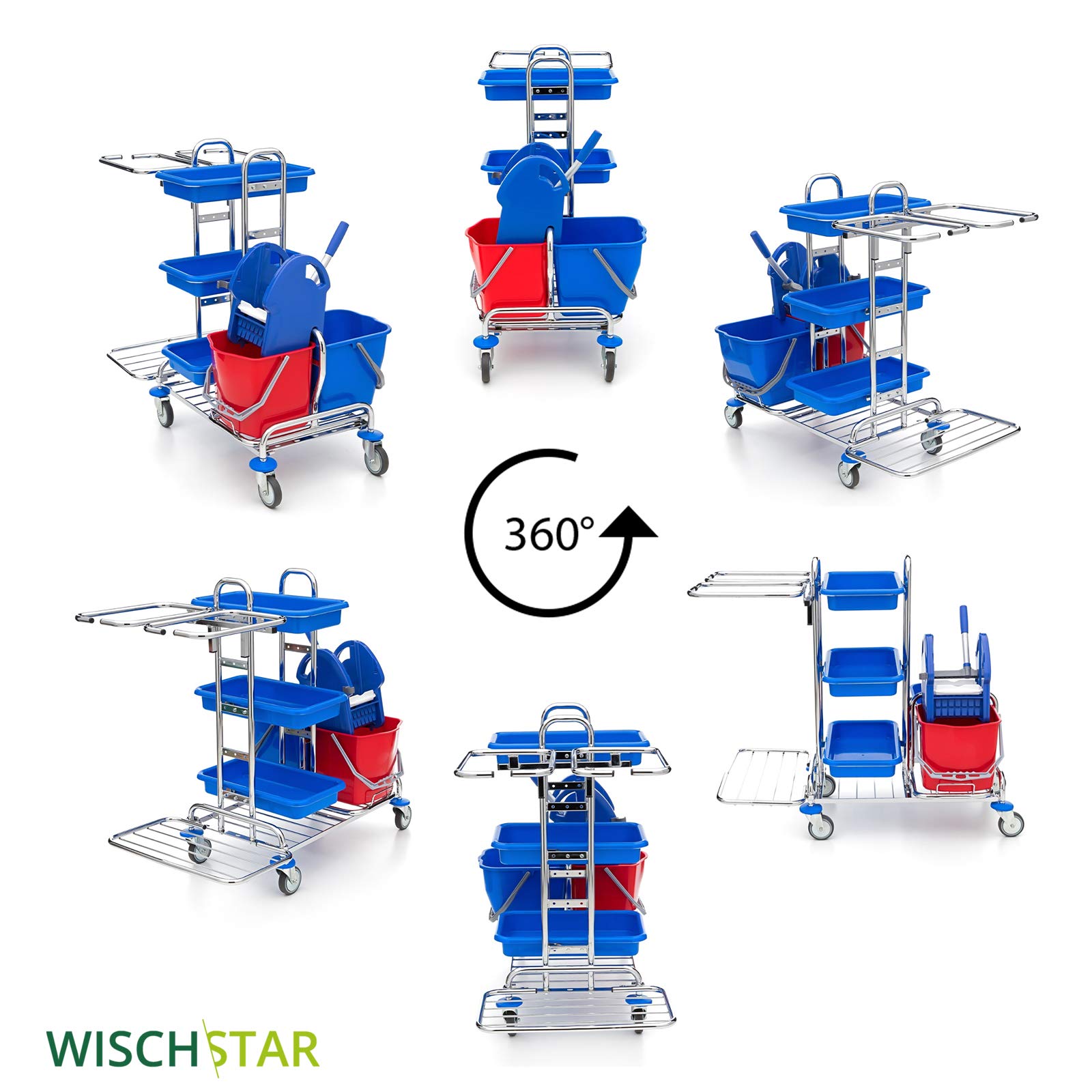 Wisch-Star Chrom Putzwagen Reinigungswagen mit Presse, 2X 17 Liter Eimer, 3X Ablagefächer und 2X 120 Liter Müllsackhalterung