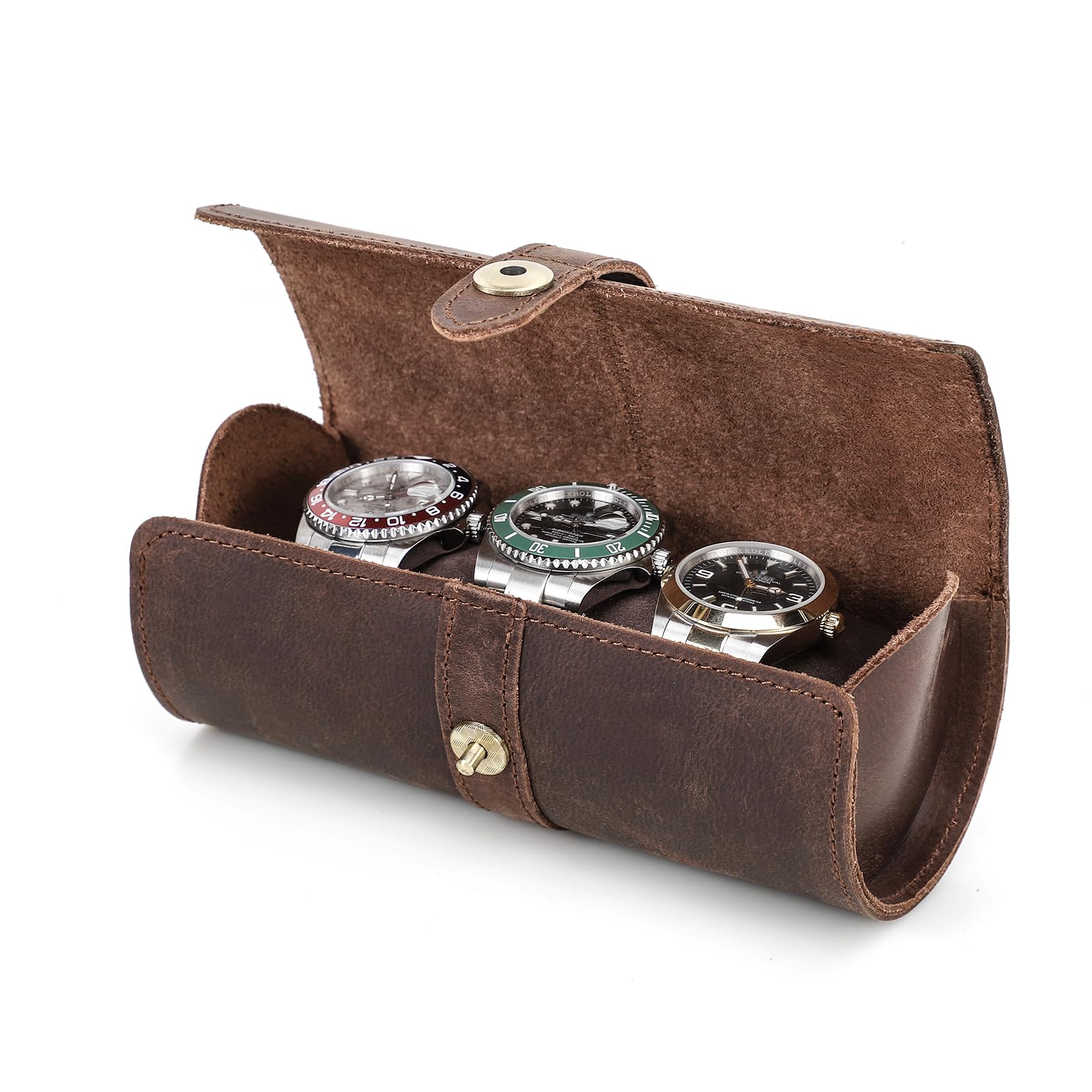 NFBCXUTKW Leather Watch Storage Box, Genuine Leather Watch Roll Case for 3 Watches, Travel-Friendly Watch Organizer Holder (Coffee)