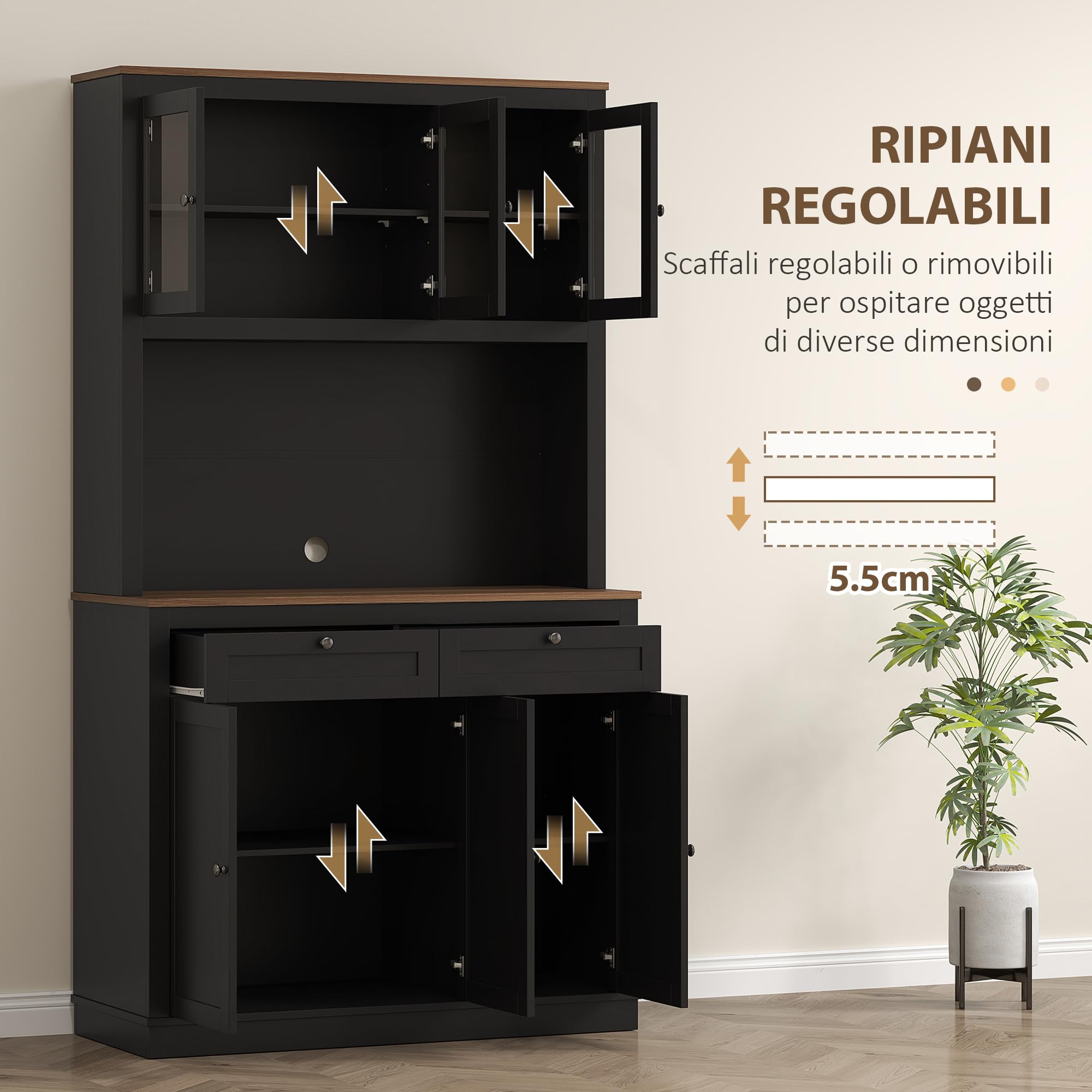 HOMCOM Credenza Cucina Alta 2 Cassetti Portamicroonde 100x40x180cm Nero | Con Armadietti, Mobile Dispensa Stretto, Ante in Vetro, Ripiani Regolabili, Soggiorno Sala da Pranzo