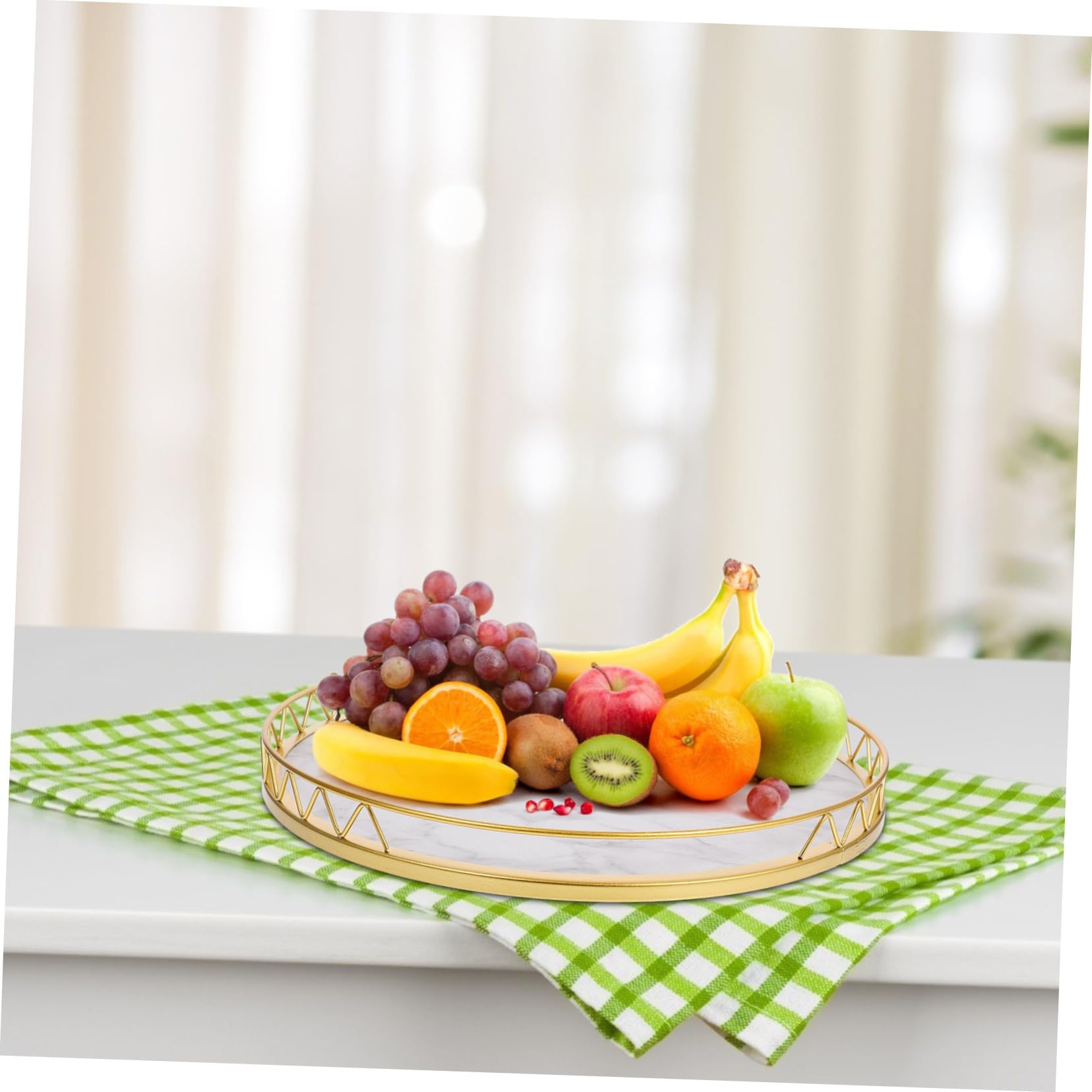 Vassoio Decorativo Rotondo in Legno e Metallo Marmo Oro | 1 Pezzo, per Frutta e Piante, Uso Domestico, Tavolo, Salotto, Ingresso