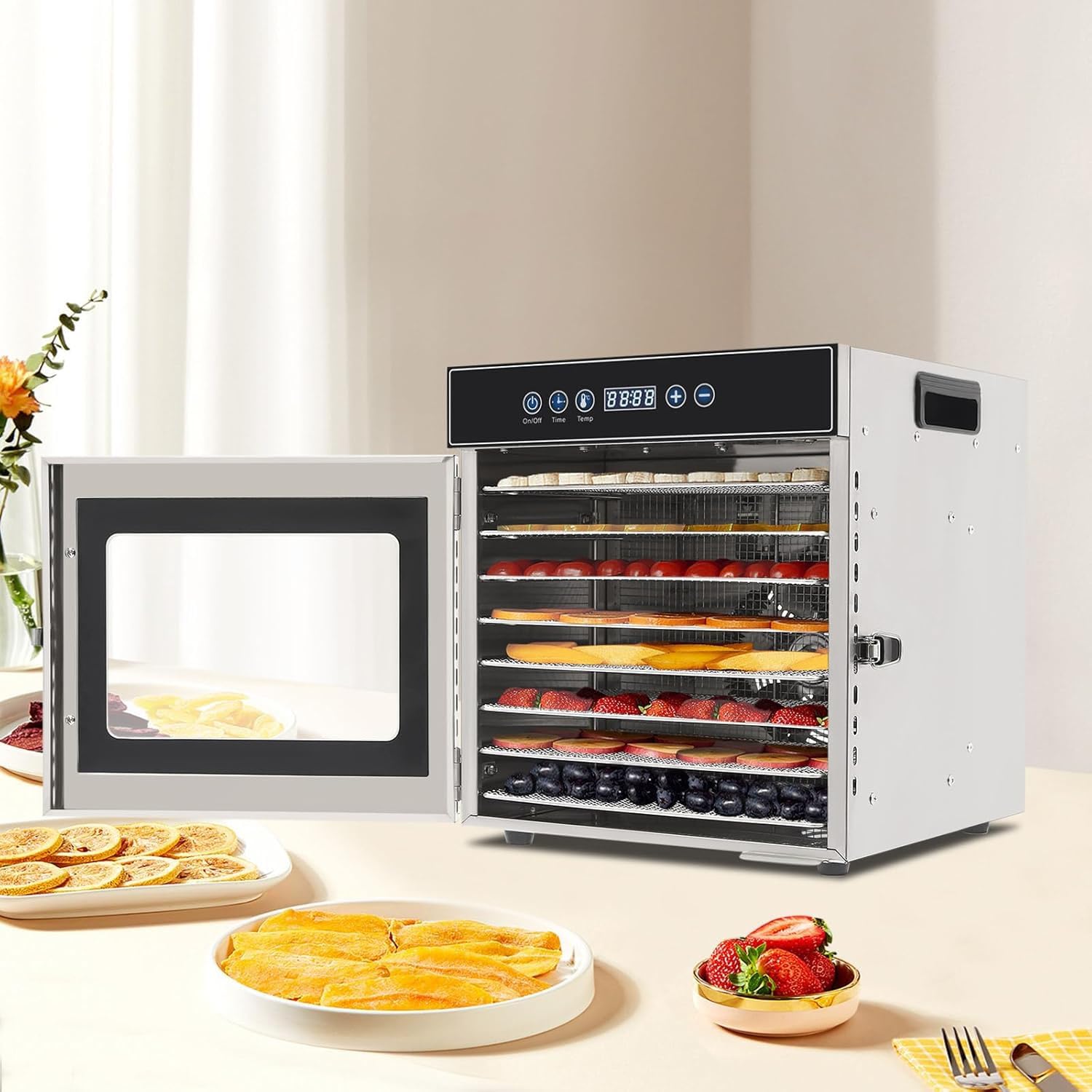 Secador De Alimentos Deshidratador con Termostato Ajustable De 30-90 °C Y Temporizador Digital De 24 Horas, Control Inteligente por Microcomputadora para Pescado, Verduras Y Carne