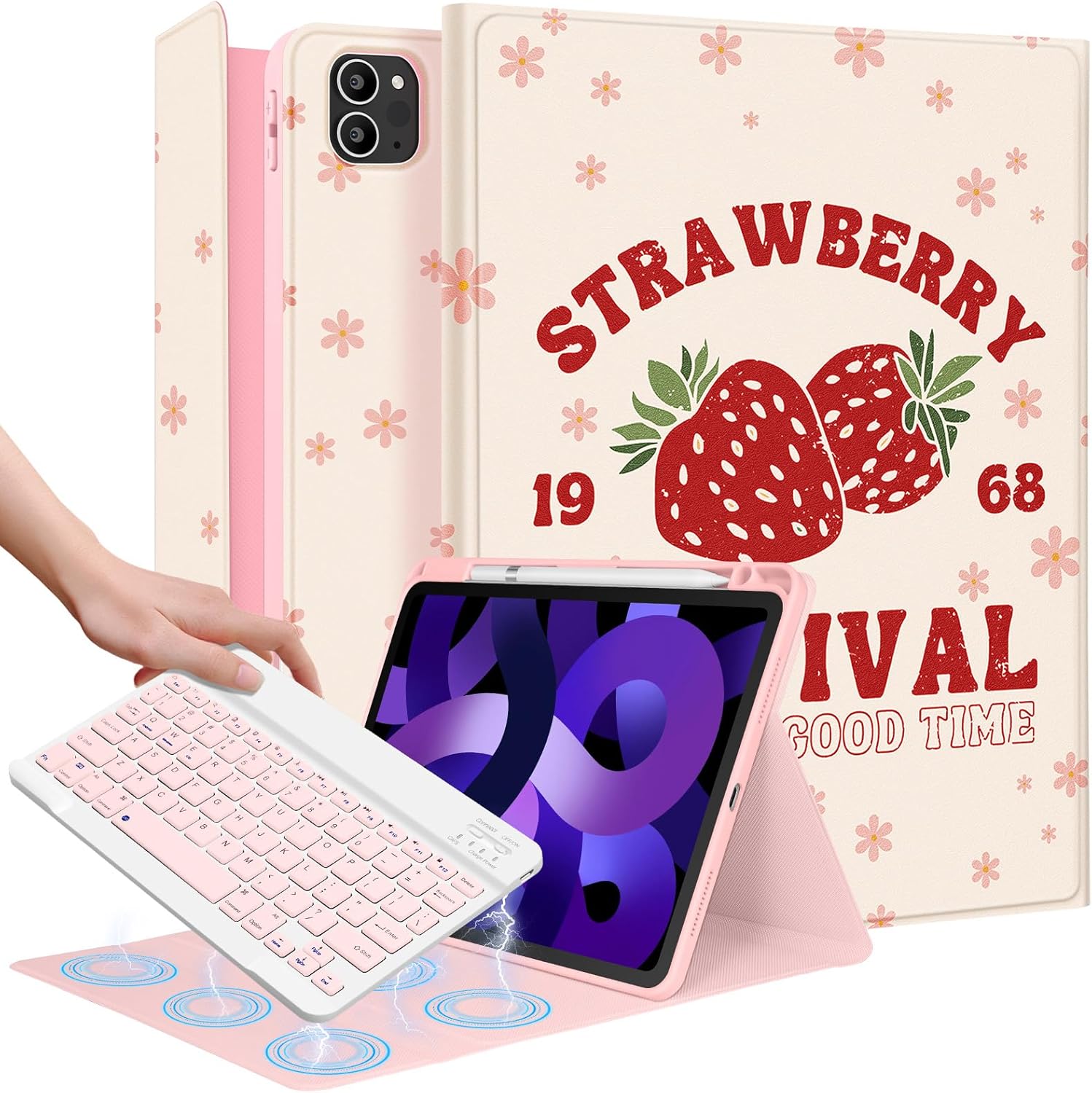 for iPad Air 11 inch Case 2024 - Air 5th/4th Generation 10.9, Pro 11 Case with Keyboard Pencil Holder Tablet Cover Folio Women Girl Cute Strawberry Kawaii for iPad Air 11 2024 (M2), Pro 11 Strawberry Red