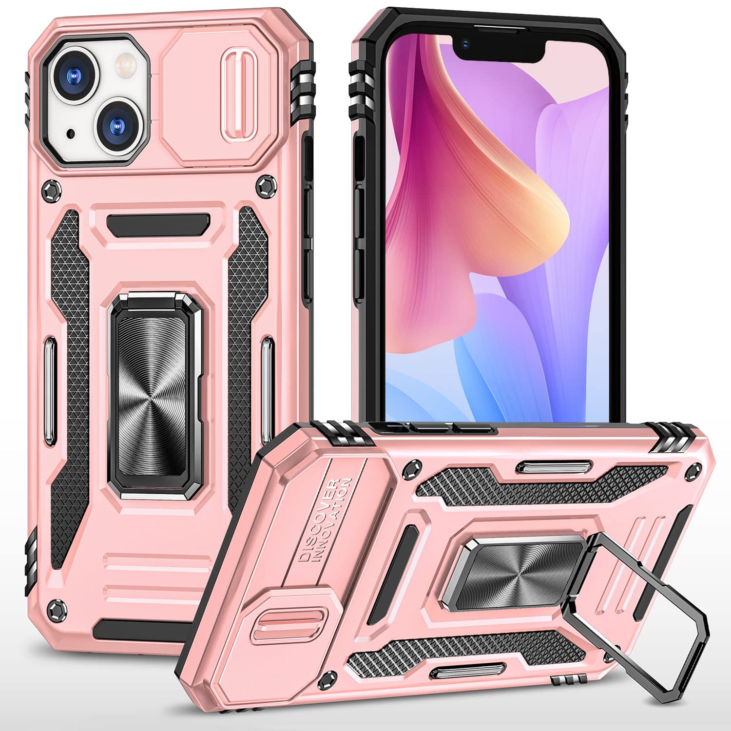 SEFING Phone Case for iPhone 14 Plus Case with Camera Cover, with Ring Holder Kickstand, with Magnetic Car Mount Function, for iPhone 14 Plus (Rose