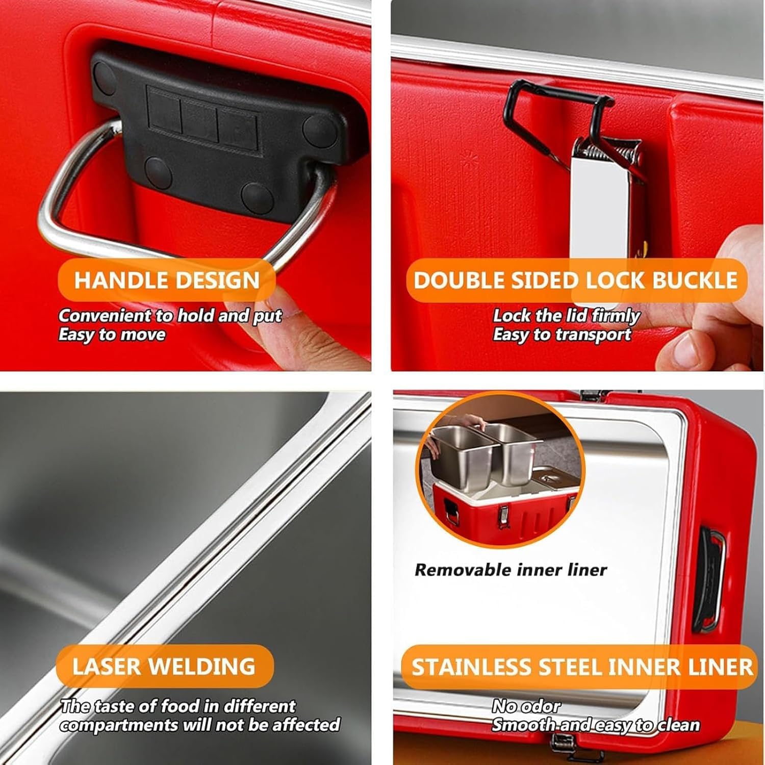 Caja de transporte de alimentos aislada, contenedor de almacenamiento de acero inoxidable con 4 hebillas y 2 asas para alimentos fríos y calientes, perfecto para catering y restaurantes