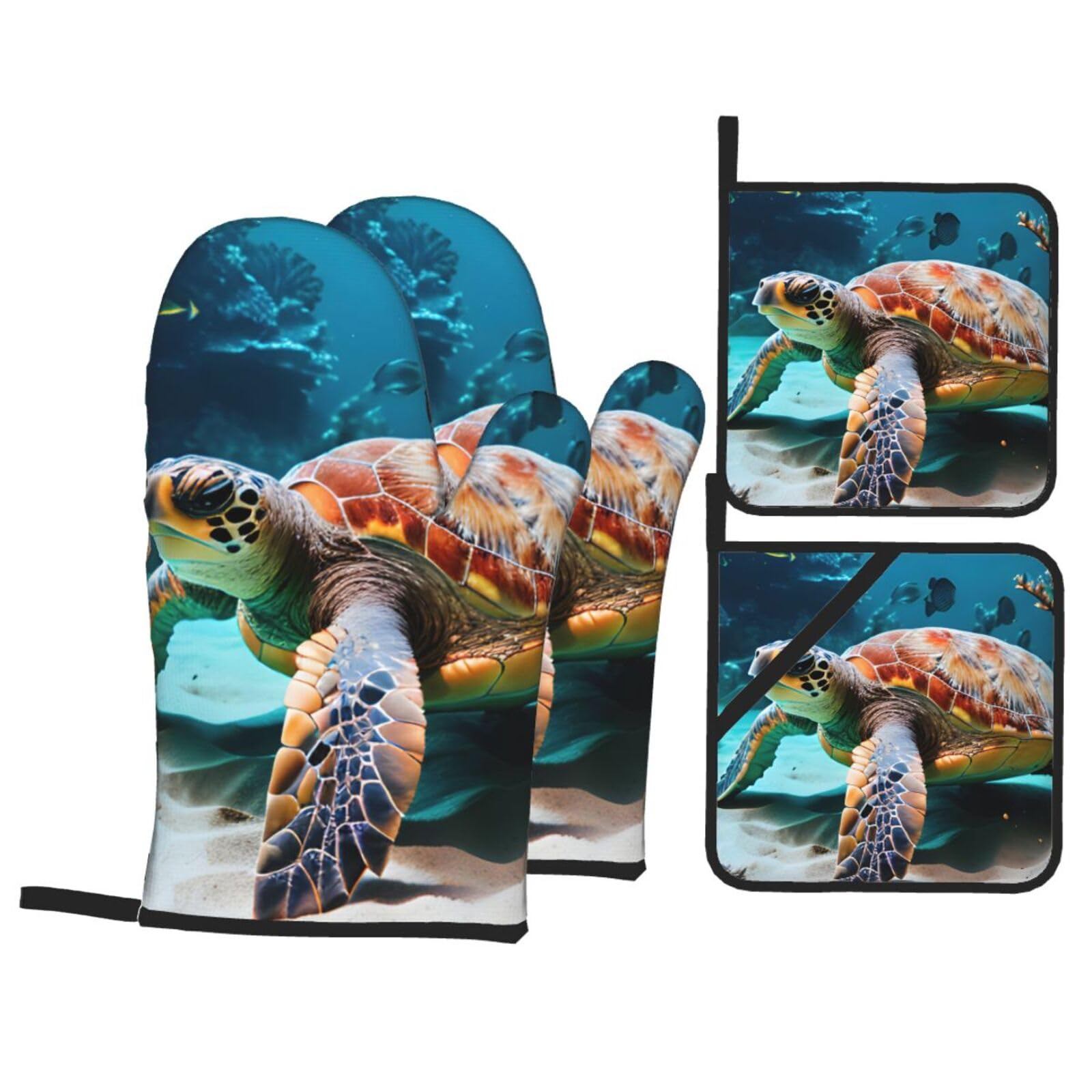 Sea Turtle Print 4-Piece Oven Microwaving Set Waterproof Kitchen Gloves for Baking Grilling Cooking