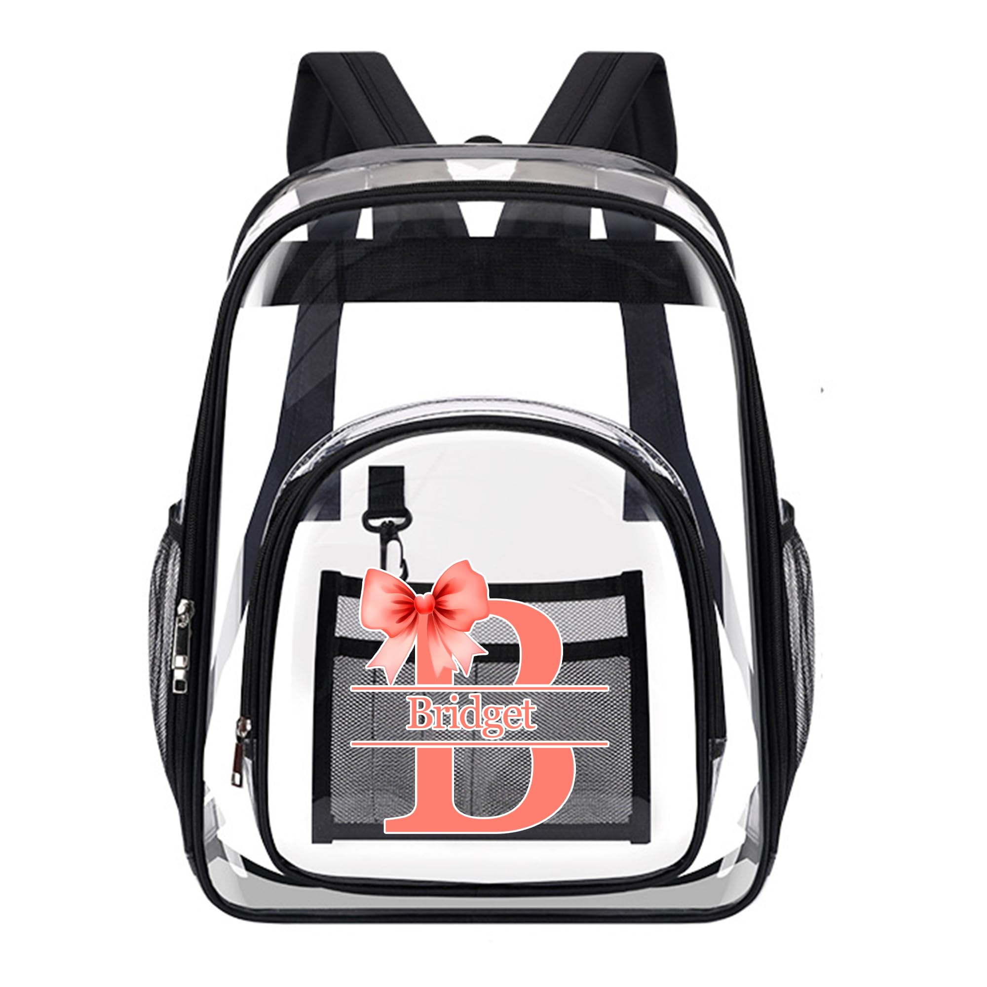Personalized Bow Clear Backpack Custom Name, Customized Clear Bookbag Heavy Duty Waterproof PVC Transparent See Through Bag