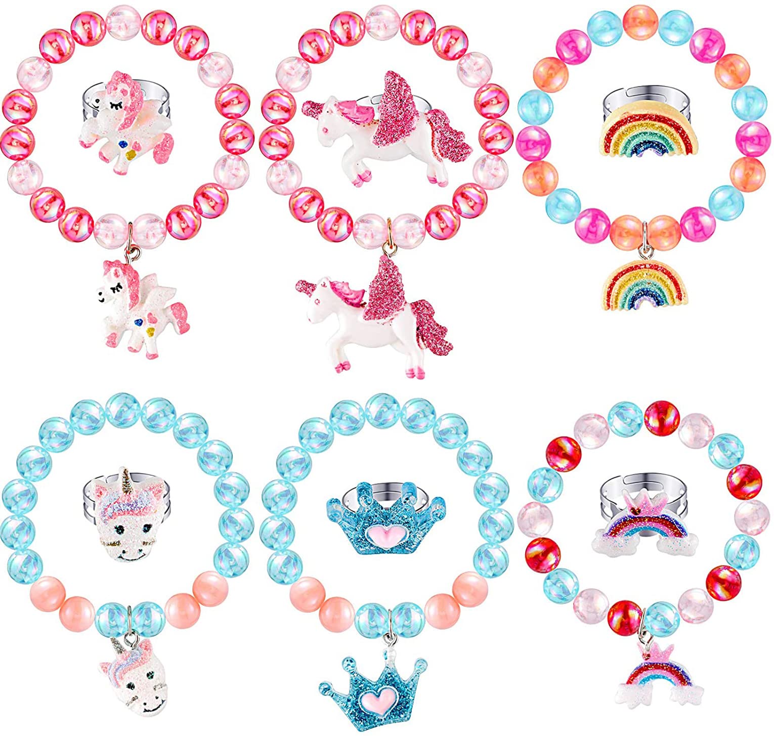 ELECDON Unicorn Bracelet Set - Rainbow Pendant, Cute Animal, Colorful Beaded, Shiny Stretch Bracelets for Gifts & Party Favors - 12 Pieces