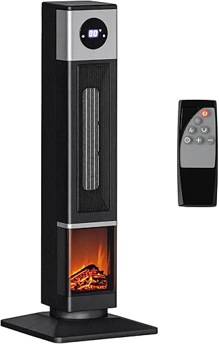 HOMCOM Calentador de espacio para uso en interiores con efecto de llama realista, calentador eléctrico portátil de cerámica oscilante de 1400 W con