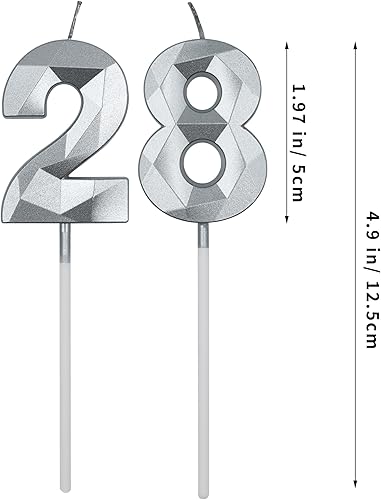 Miniatura 2 de Velas de cumpleaños de 28 y 82 para pastel, número plateado 28 82 3D con forma de diamante, decoración de cumpleaños, suministros de fiesta para