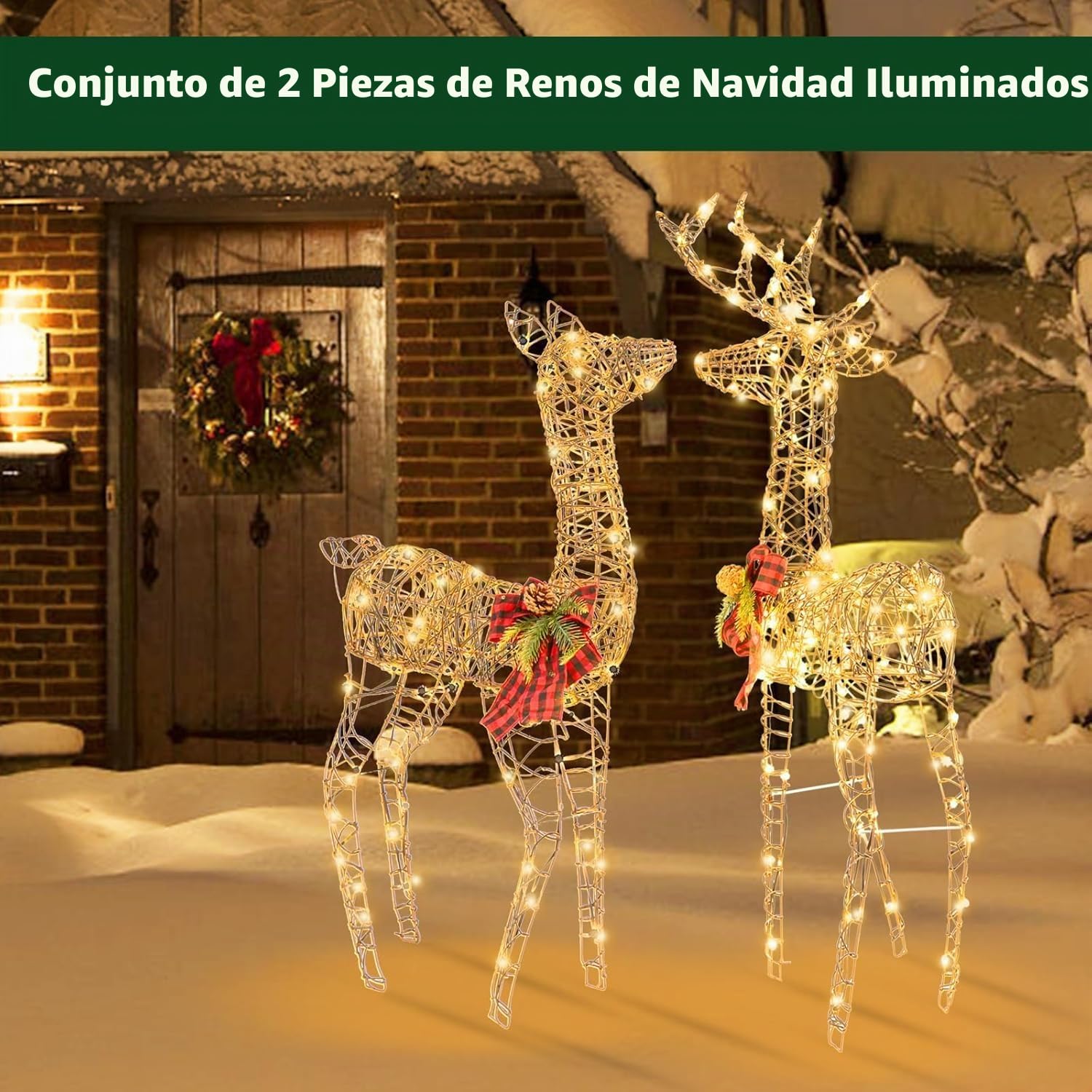 GOPLUS 2 Renos de Navidad Exterior, Juego de 2 Ciervos Iluminados, Decoración Navidad Blanco Cálido con 200 Luces LED,Función de Temporizador, Luz Intermitente, Reno Grande de 110 cm para Jardín Patio