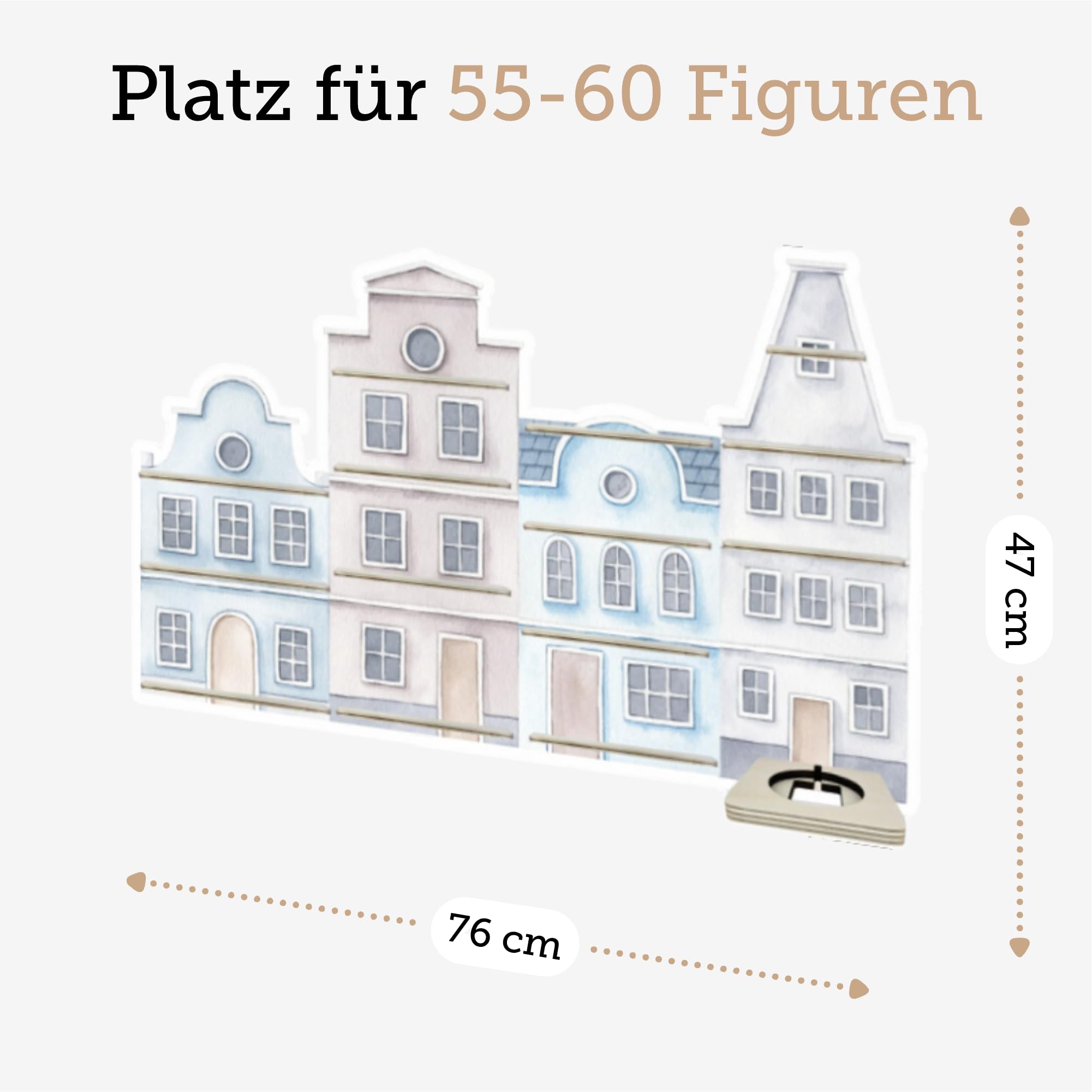 Farbklecks-Collection Musikboxregal Stadthaus grau blau, Wandregal für bis zu 60 Hörfiguren, Maße 76 x 47 x 6 cm, mit speziellem Ablagefach kompatibel mit Toniebox, handgefertigt in Deutschland