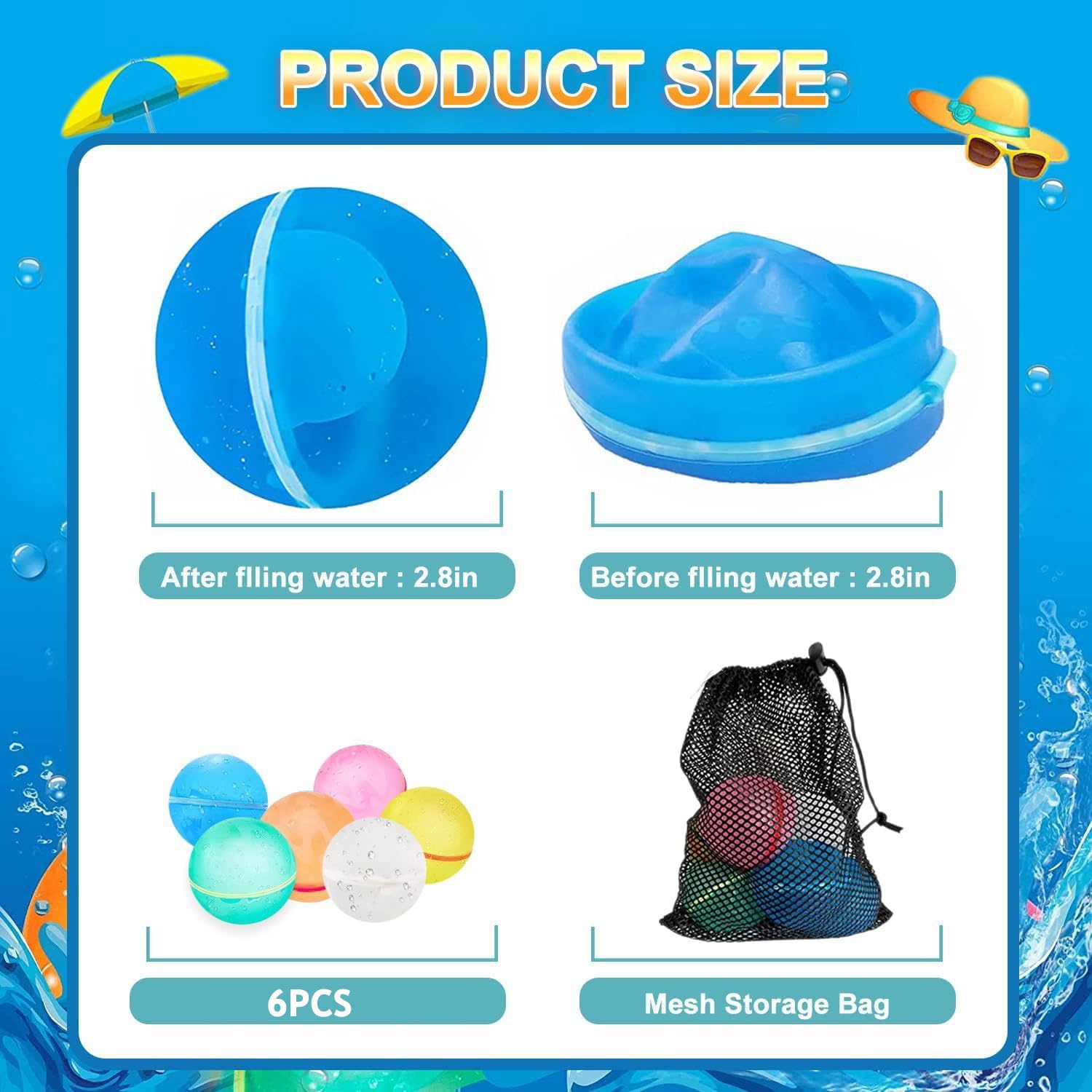 6PCS Globos de Agua Reutilizables & 1 Meshbag, Globos de Agua Magnéticos para Juguetes de Agua, Regalo de Verano para los Niños
