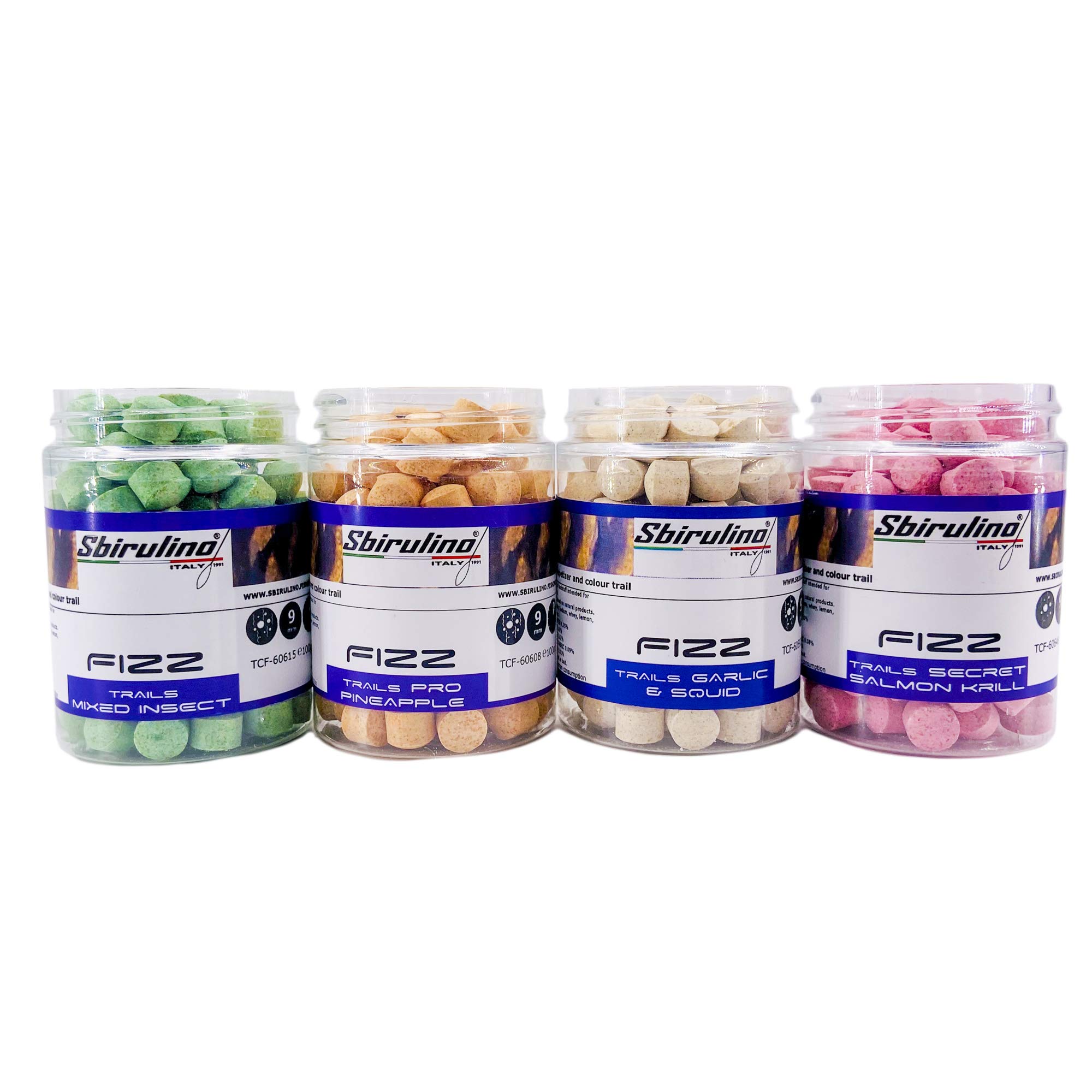 Sbirulino® Kit de 4 bocaux de 100 g de comprimés Ø 9 effervescents pour pêche à la carpe Saveurs assortis
