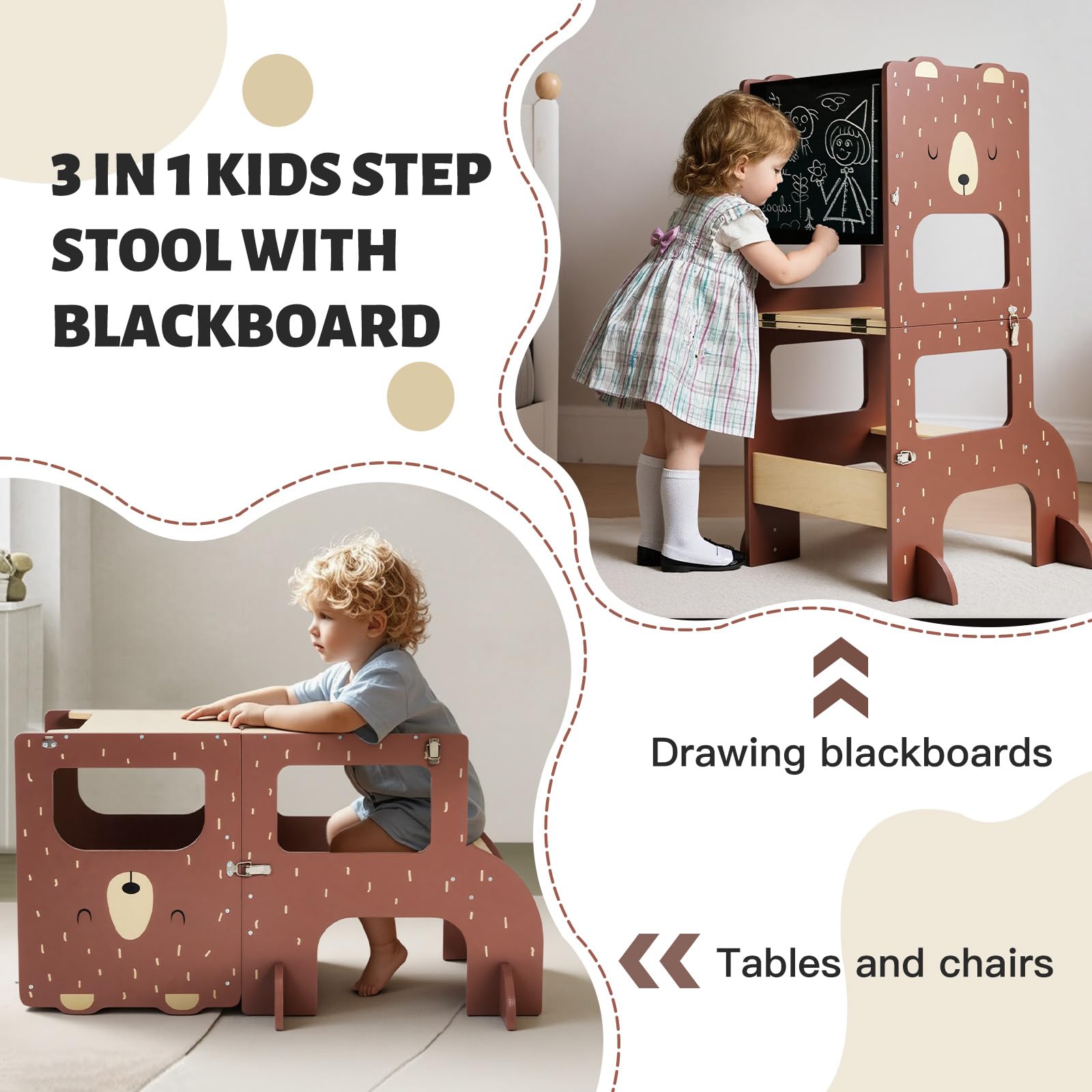 Labebe Torre Montessoriana Pieghevole in Legno Grandi Dimensioni 3 in 1 con Lavagna Orso Bruno