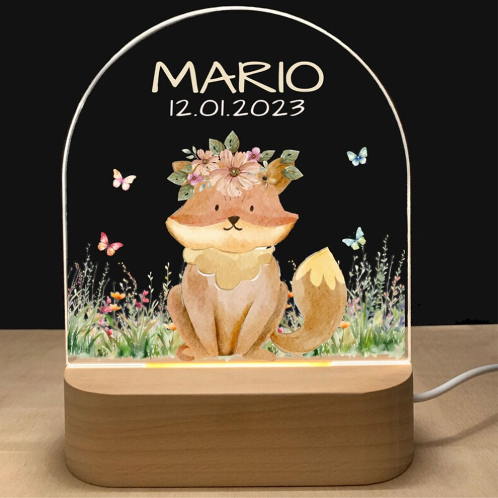 Fallover Personalised Night Light with Baby Name and Date, Custom LED Lamp for Baby Boys Girls Nursery, Cute Animals Pattern, Baby Sleep Light, Christening Birthday Christmas Day Gifts (Design 17)