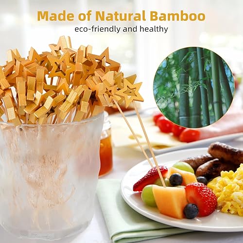 Miniatura 5 de 50 palillos de cóctel de estrellas, palillo de dientes de frutas en forma de estrella, púas de cóctel de bambú de estrella dorada de 5.5 pulgadas