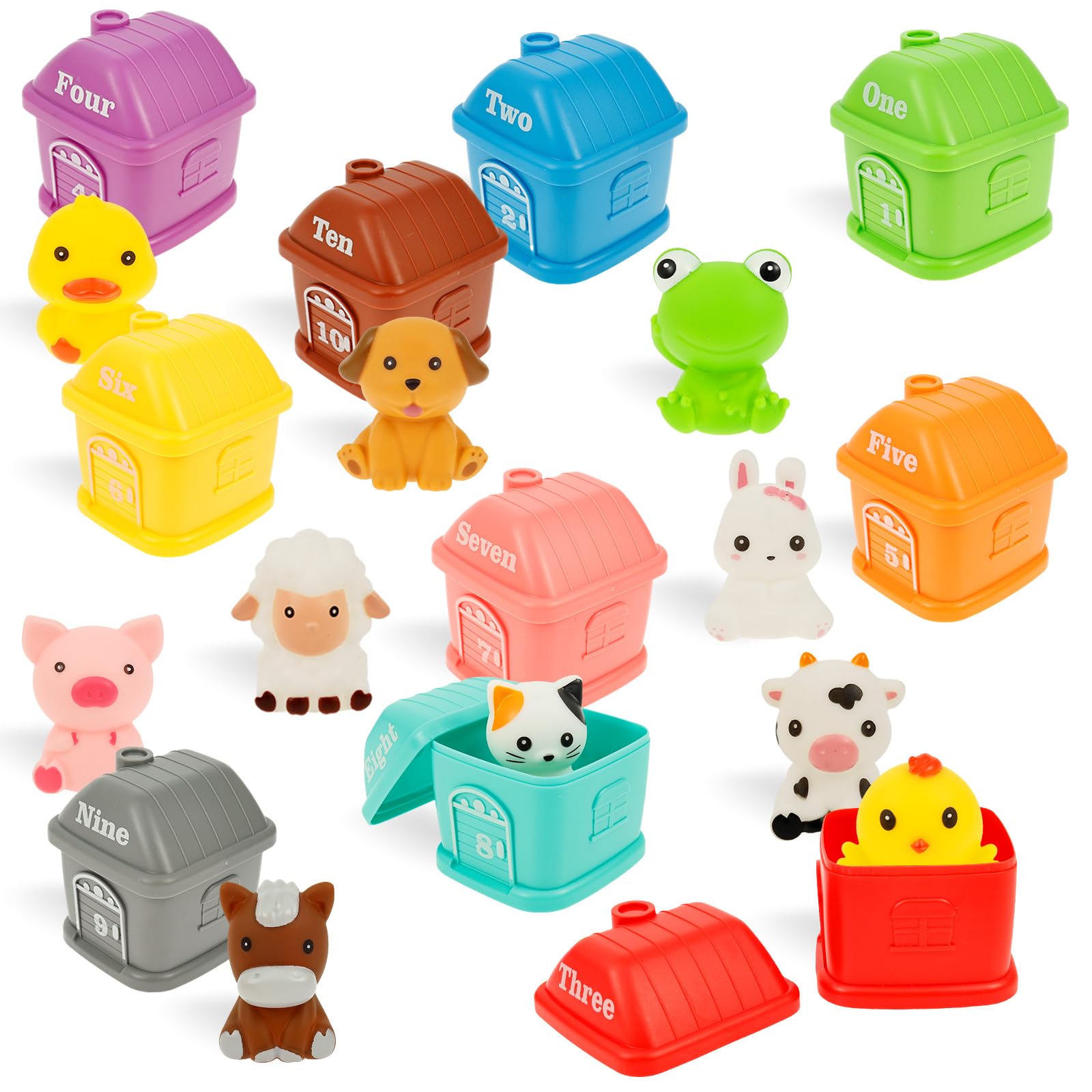 10 Set Farm Animals Toys Baby Toddler Learning Montessori Educational Toys with 10 Animals and Houses Kids Travel Plane Toy Toddlers Gift for Girls Boys Age 3+ Counting Matching and Color Sorting Set