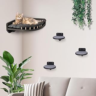 Kletterwand Katzen mit Katzenbett und 3X Katzentreppe Wand [Birkenholz] I Kratzbaum Wand I Hängematte Katze I Katzenwand I Wandkratzbaum I Katzen Kletterwand | Katzenmöbel (4-teilig) product image