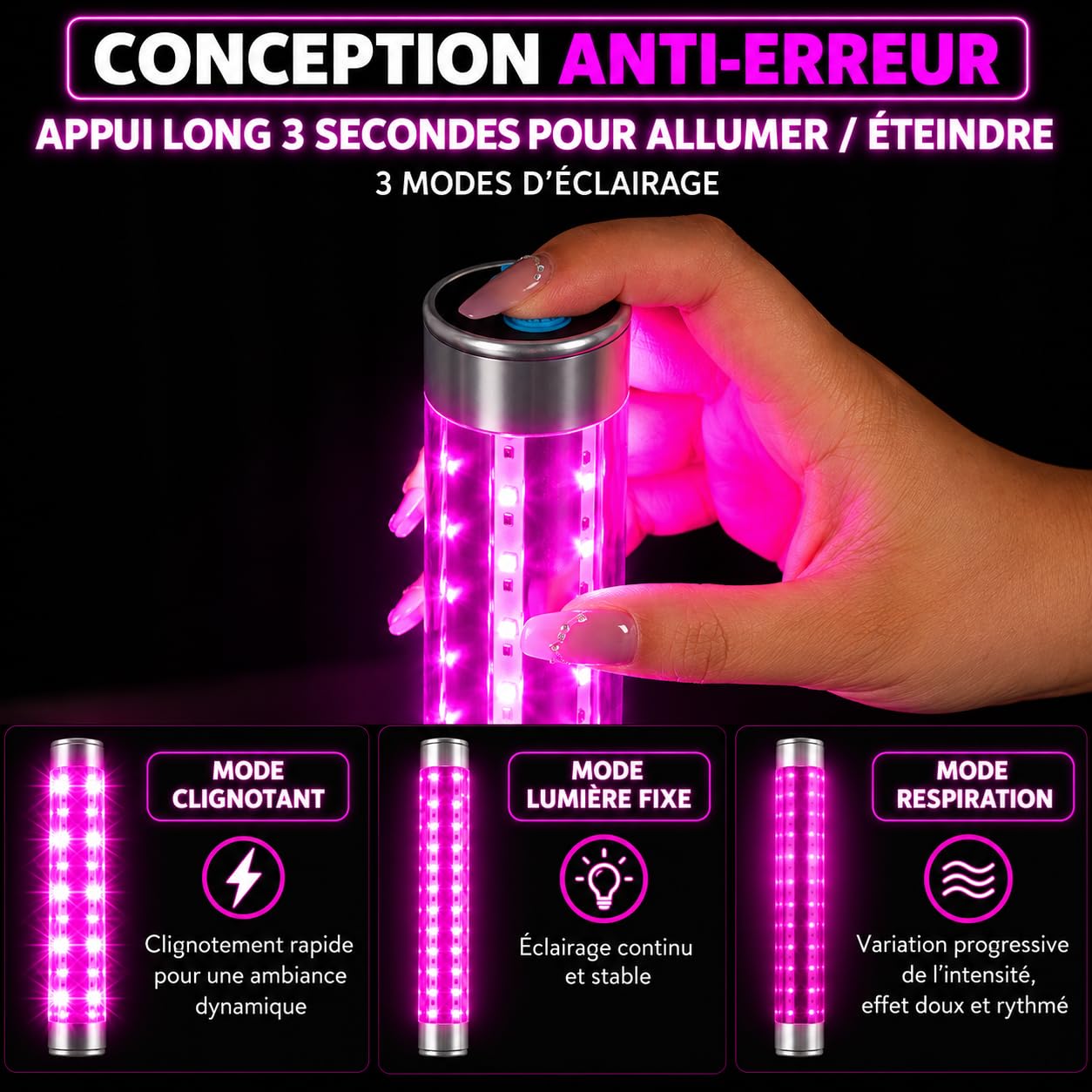 Lote de 8 palos luminosos LED rosas recargables USB-C – 3 modos de iluminación, hasta 10 horas de autonomía, para servicio de botellas, bares, clubes, discotecas y veladas