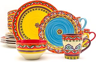 Euro Ceramica EC-GAL-1001 Galicia Collection Andalusian-Inspired 16 Piece Dinnerware Set, Vibrant Assorted Patterns, Multi...